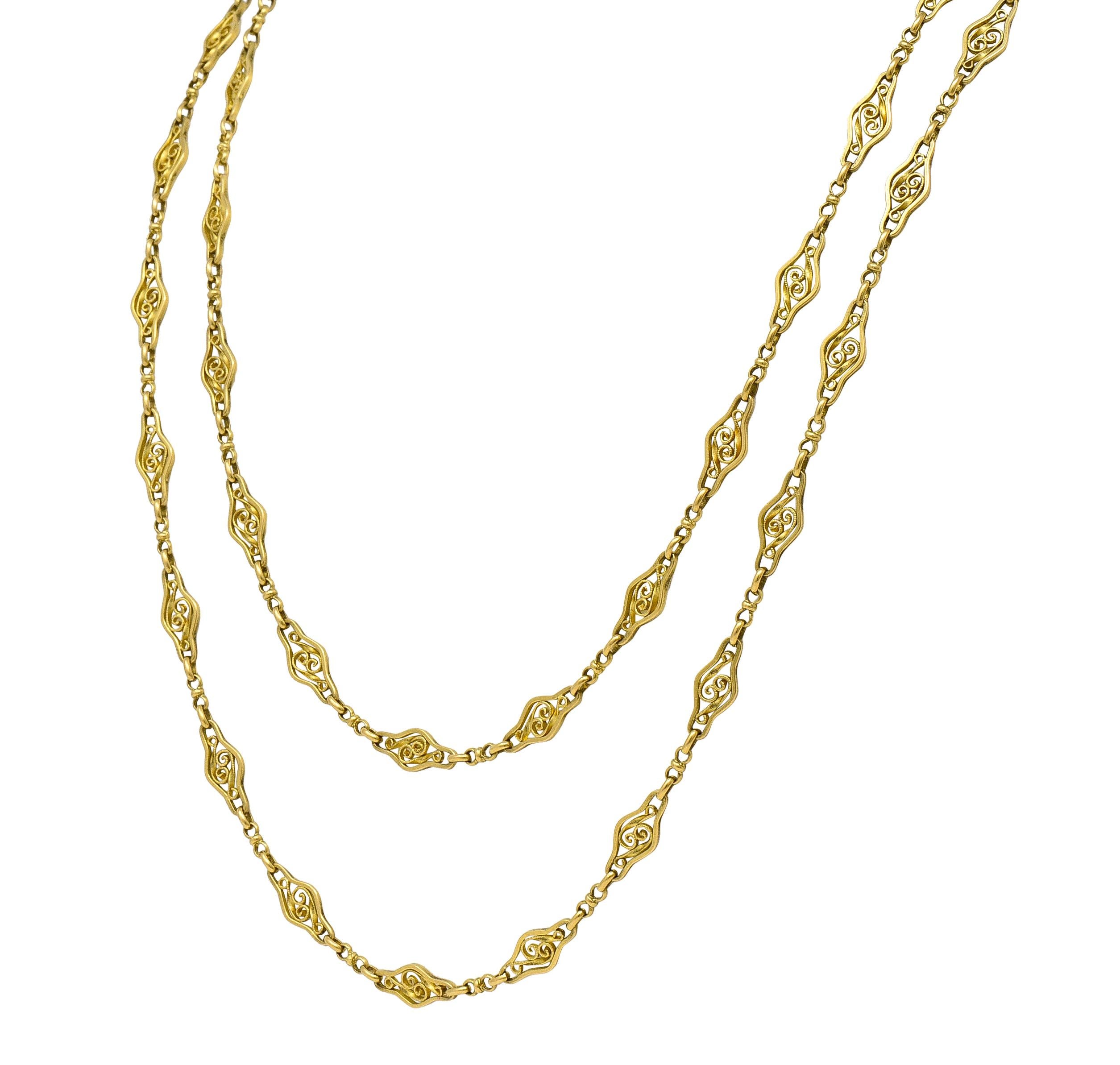 Women's French 18 Karat Yellow Gold Victorian Navette Link 60 IN Long Antique Necklace For Sale