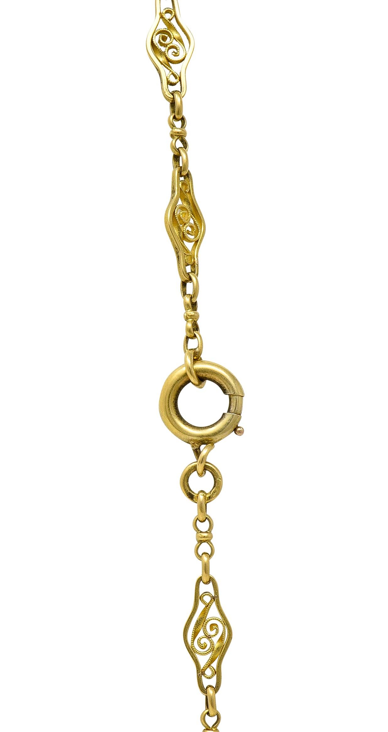 French 18 Karat Yellow Gold Victorian Navette Link 60 IN Long Antique Necklace For Sale 2