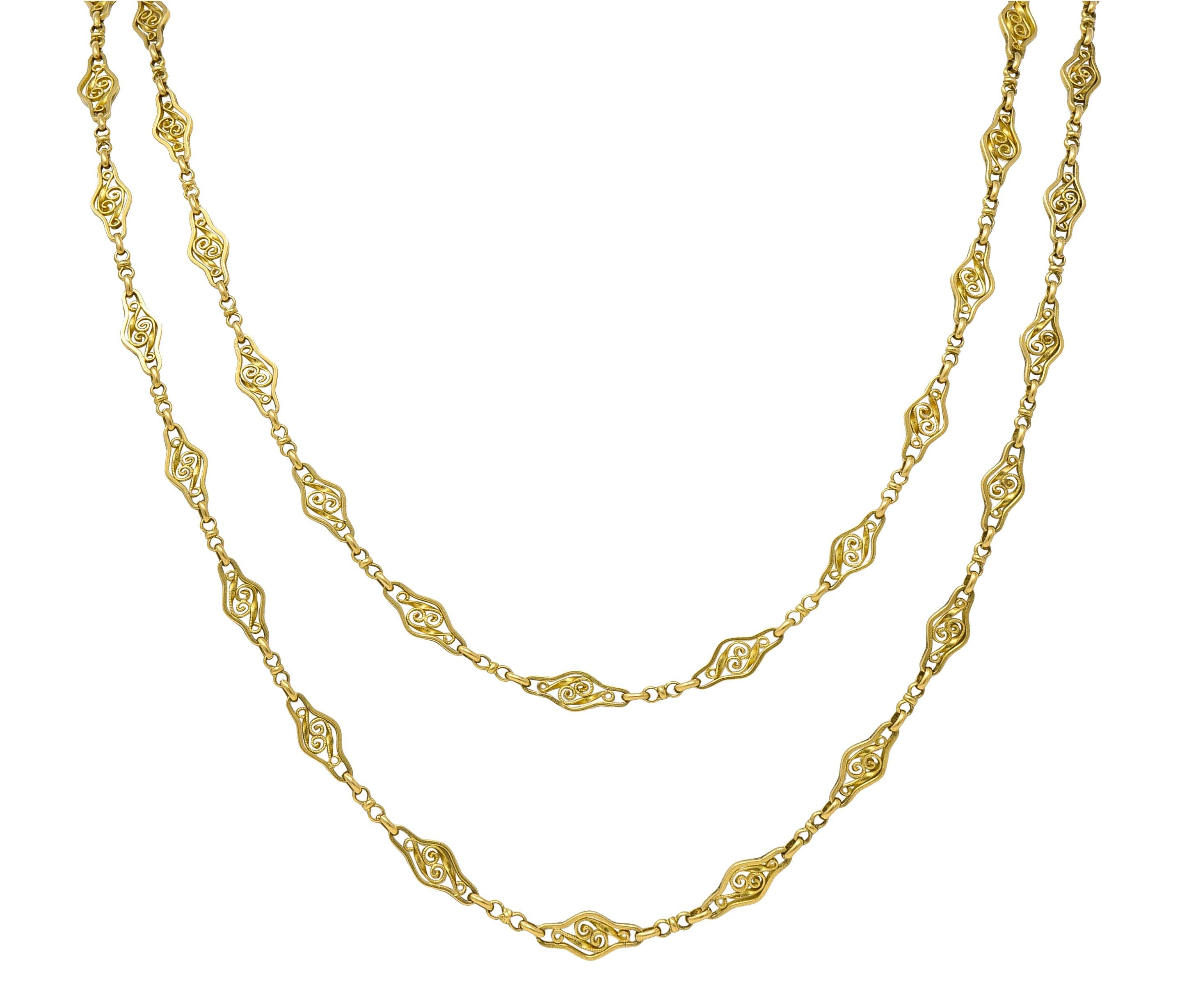 French 18 Karat Yellow Gold Victorian Navette Link 60 IN Long Antique Necklace For Sale 4