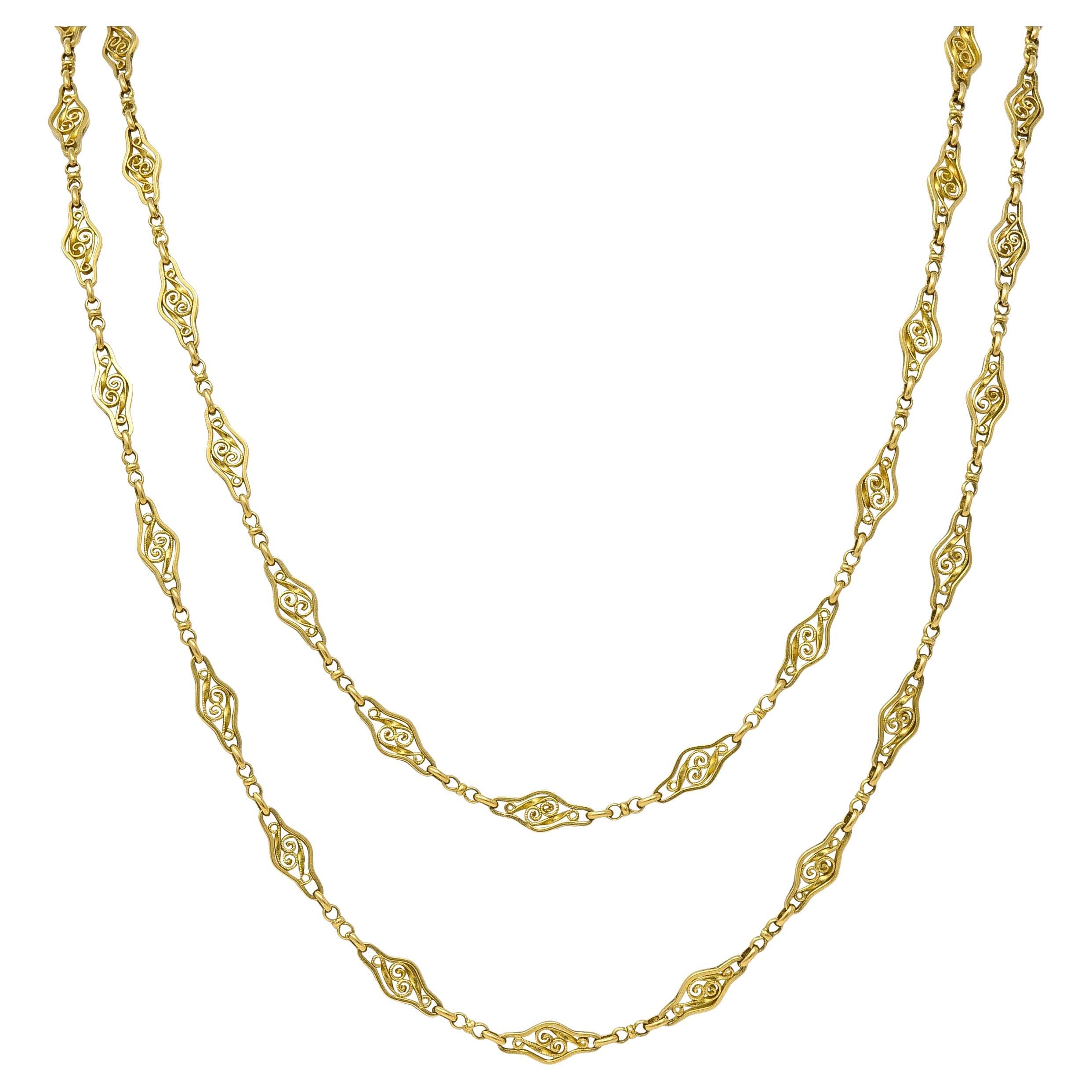 French 18 Karat Yellow Gold Victorian Navette Link 60 IN Long Antique Necklace For Sale