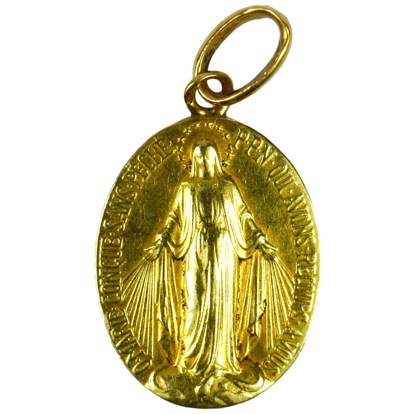 French 18 Karat Yellow Gold Virgin Mary Miraculous Medal Charm Pendant
