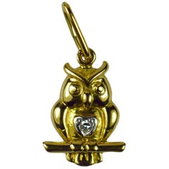 Vintage French 18 Karat Yellow Gold White Diamond Wise Owl Love Heart Charm Pendant