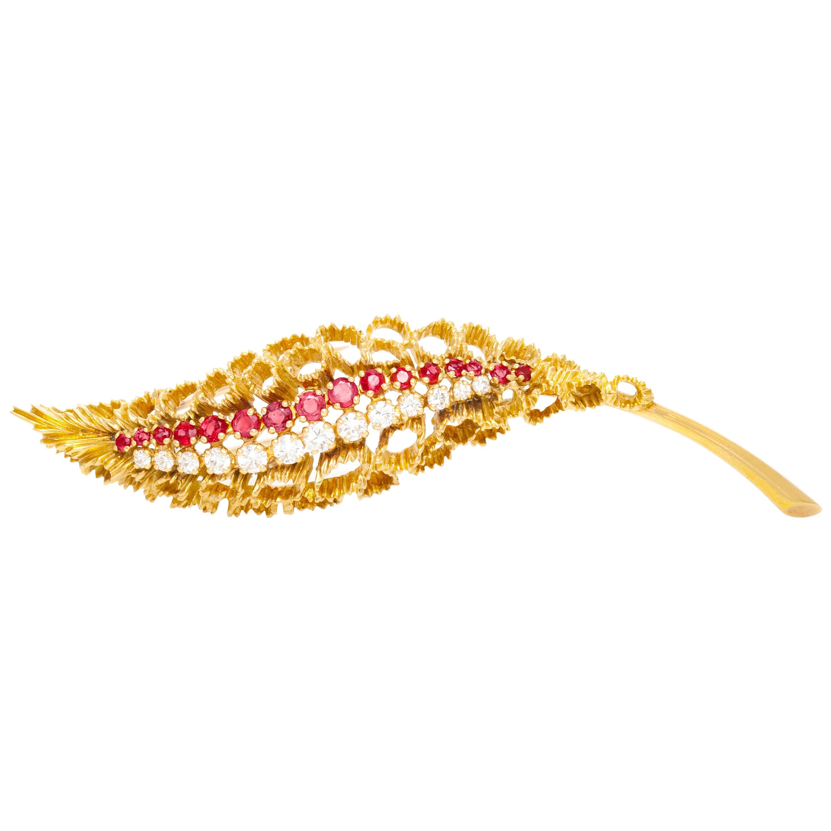 French 18 Karat Yellow Gold with Ruby and Diamond Brooch For Sale