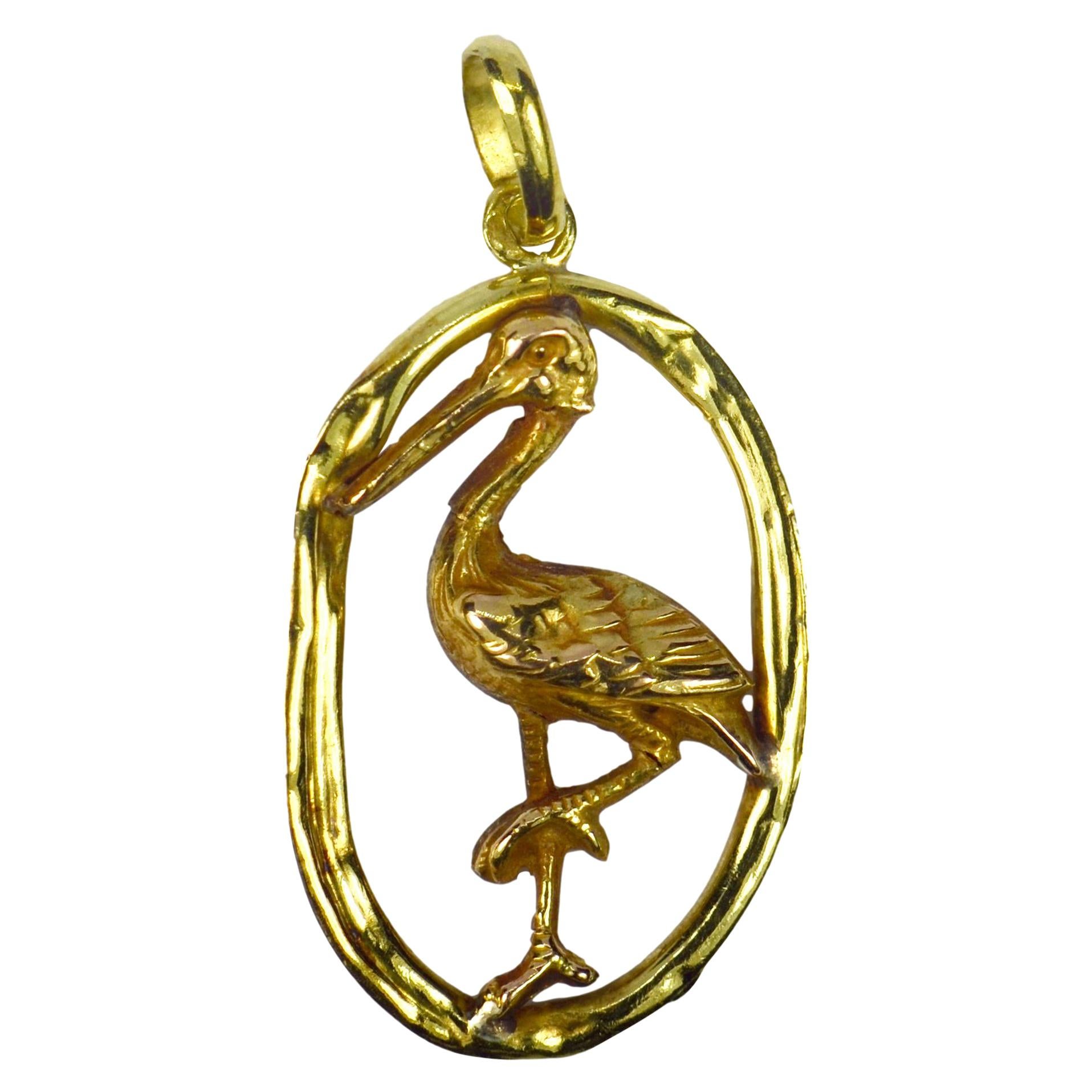 French 18 Karat Yellow Rose Gold Stork Charm Pendant