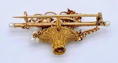 French 18 Karat Three Color Gold Pearls Grapes Vine Braided Handle Basket Brooch