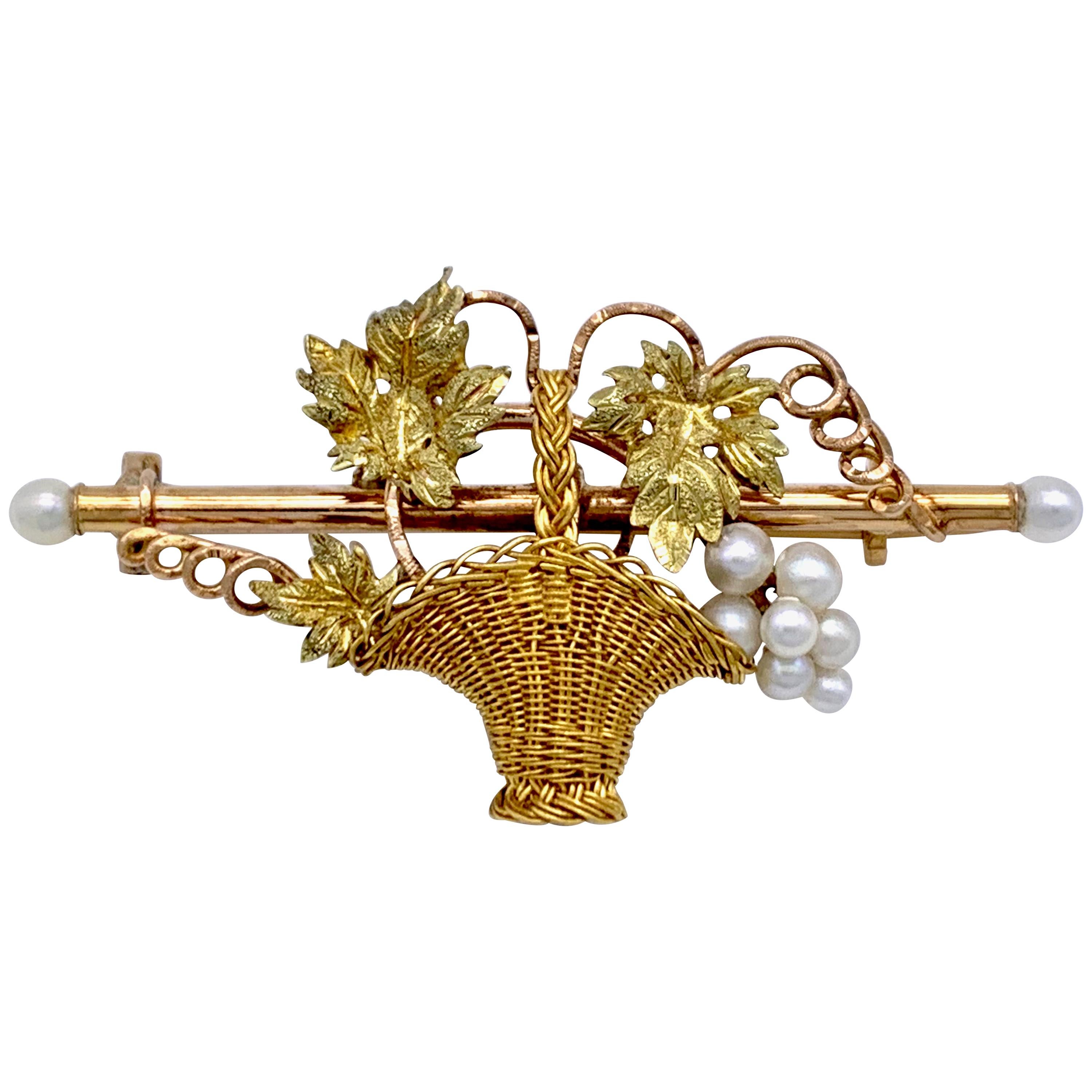 French 18 Karat Three Color Gold Pearls Grapes Vine Braided Handle Basket Brooch For Sale
