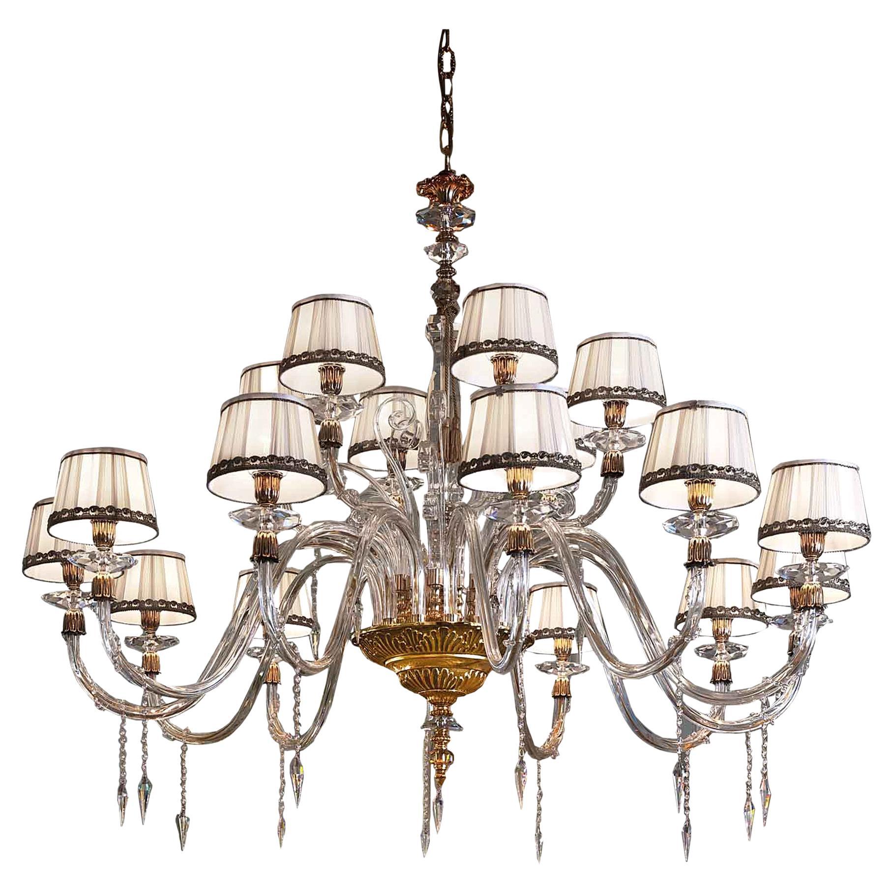 French 18 Lights Chandelier in Gold Finishing, Transparent Crystal and Amber