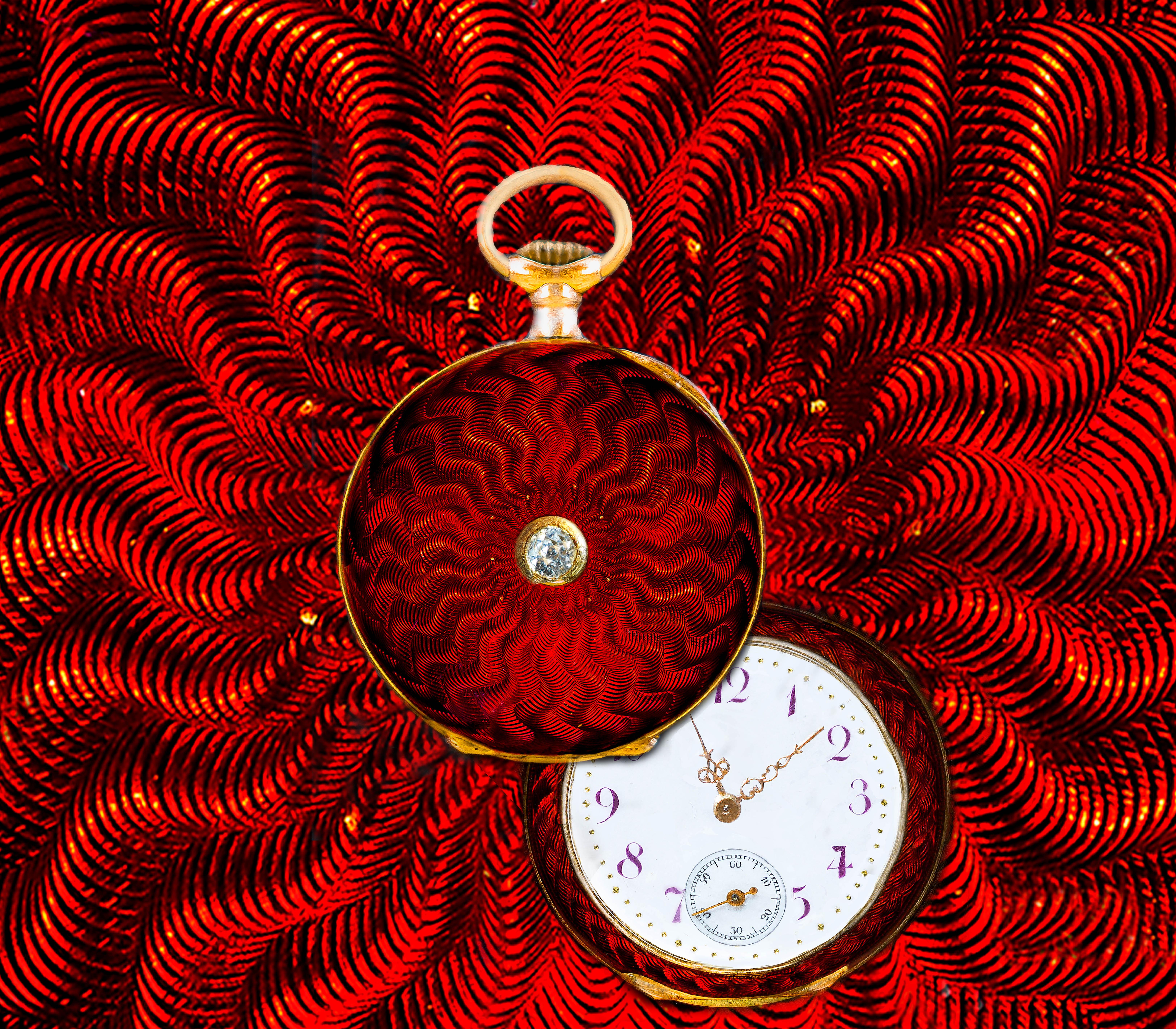  An Impressive Art Nouveau French 1880s Gold “Sun Ray” Motif Hand Cut Rose Cut Diamond Set “Zig Zag” Guilloche Enamel Hand Painted Enamel Breguet Pendant Lapel Pocket Watch 

 
Basic Dimensions & Specifications  
-35mm Length mm (from top of Bow to