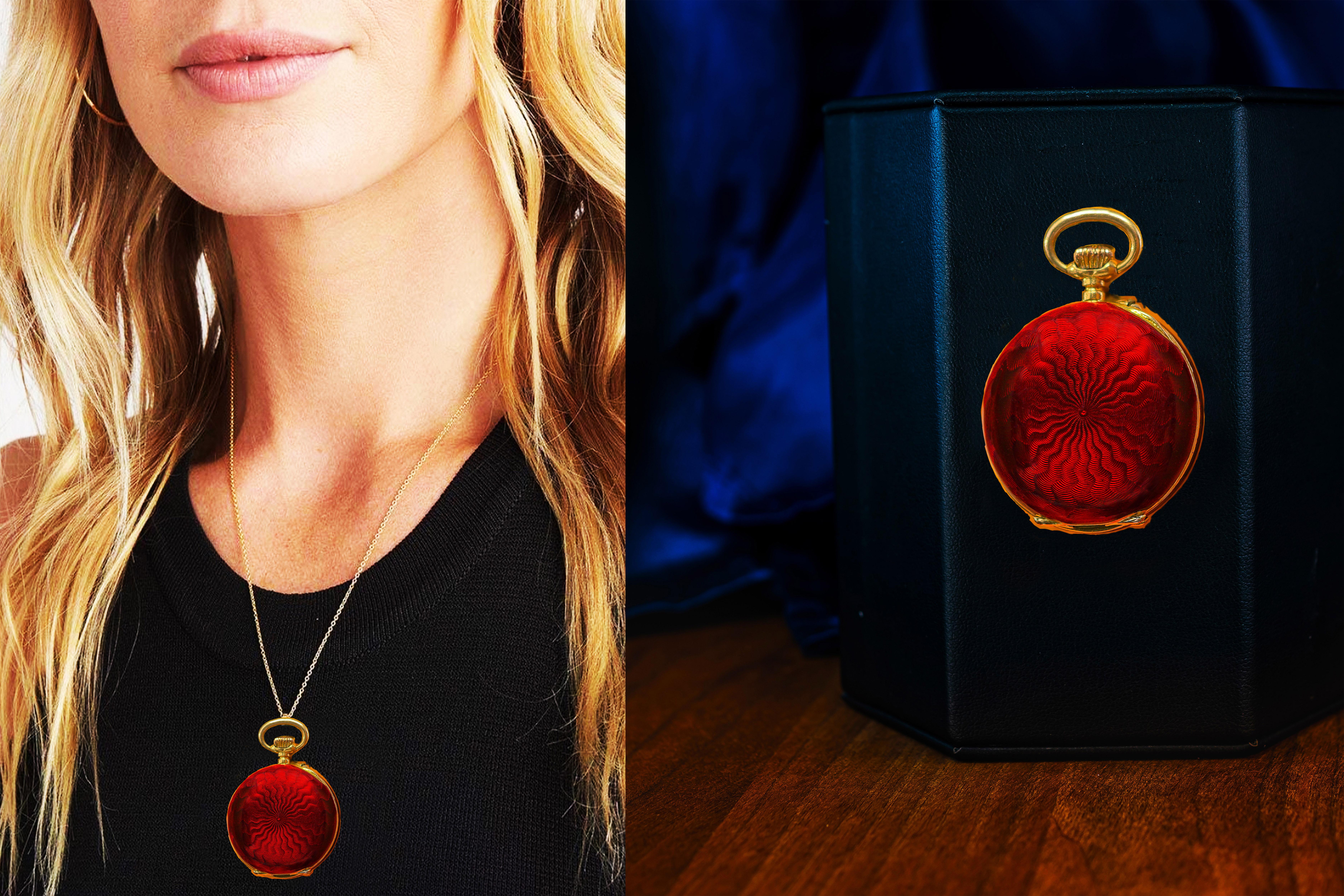French 1800s Art Nouveau 18kt Zig Zag Enamel Breguet Pendant Lapel Pocket Watch In Good Condition In New york, NY