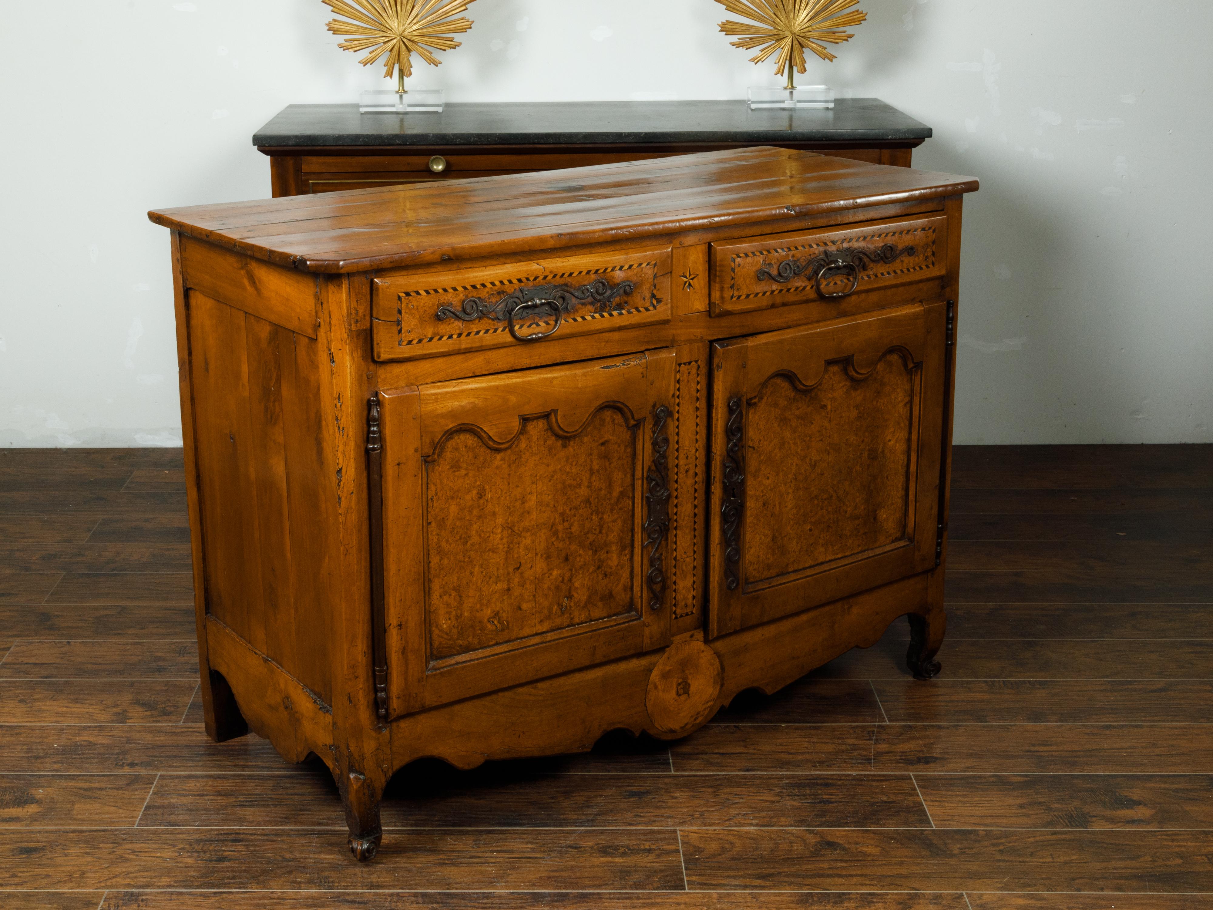 French 1800s Buffet with Two Drawers, Two Doors, Burl Panels and Cross Banding In Good Condition For Sale In Atlanta, GA