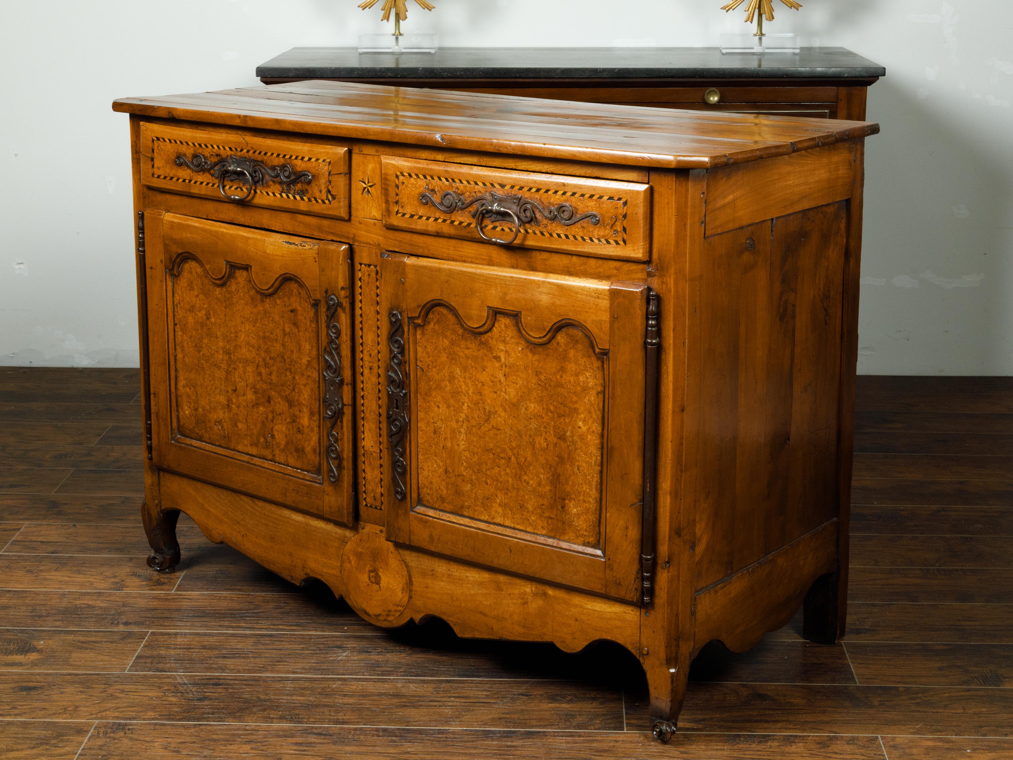 19th Century French 1800s Buffet with Two Drawers, Two Doors, Burl Panels and Cross Banding For Sale