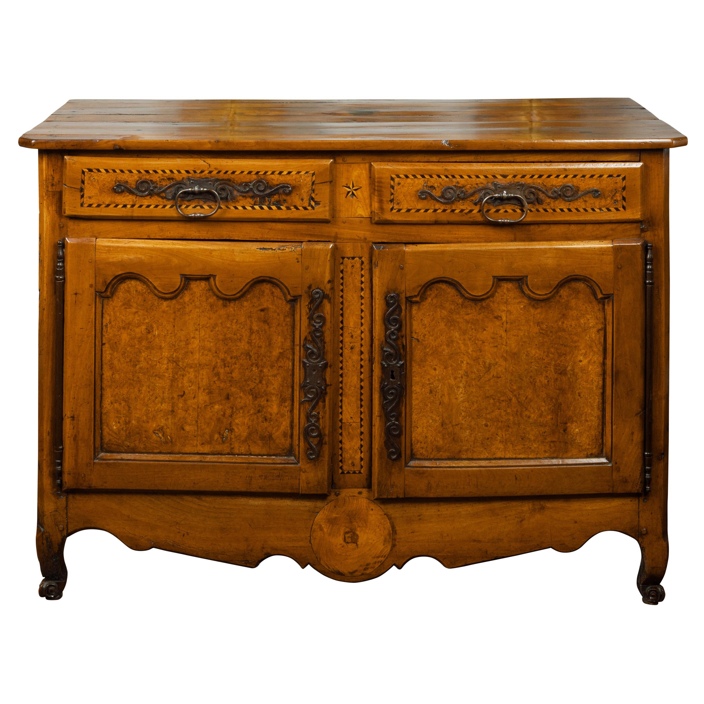 French 1800s Buffet with Two Drawers, Two Doors, Burl Panels and Cross Banding