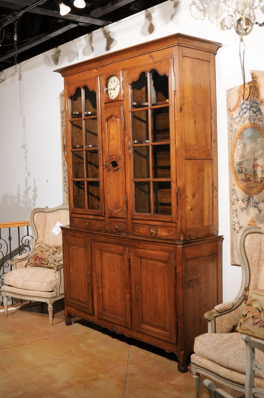 French 1800s Cherry Buffet à Deux-Corps with Glass Doors, Clock and Drawers For Sale 6