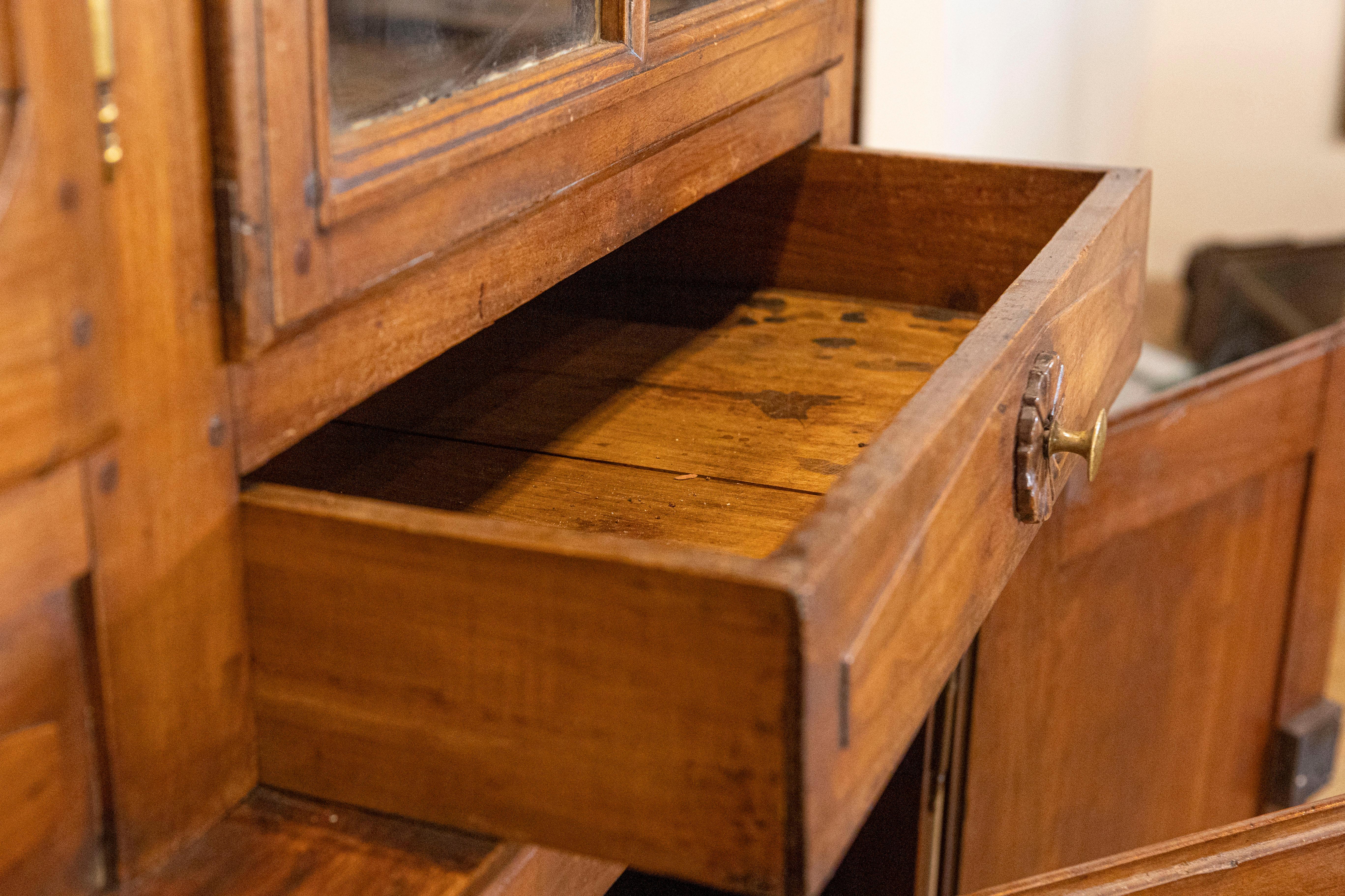 French 1800s Cherry Buffet à Deux-Corps with Glass Doors, Clock and Drawers 6