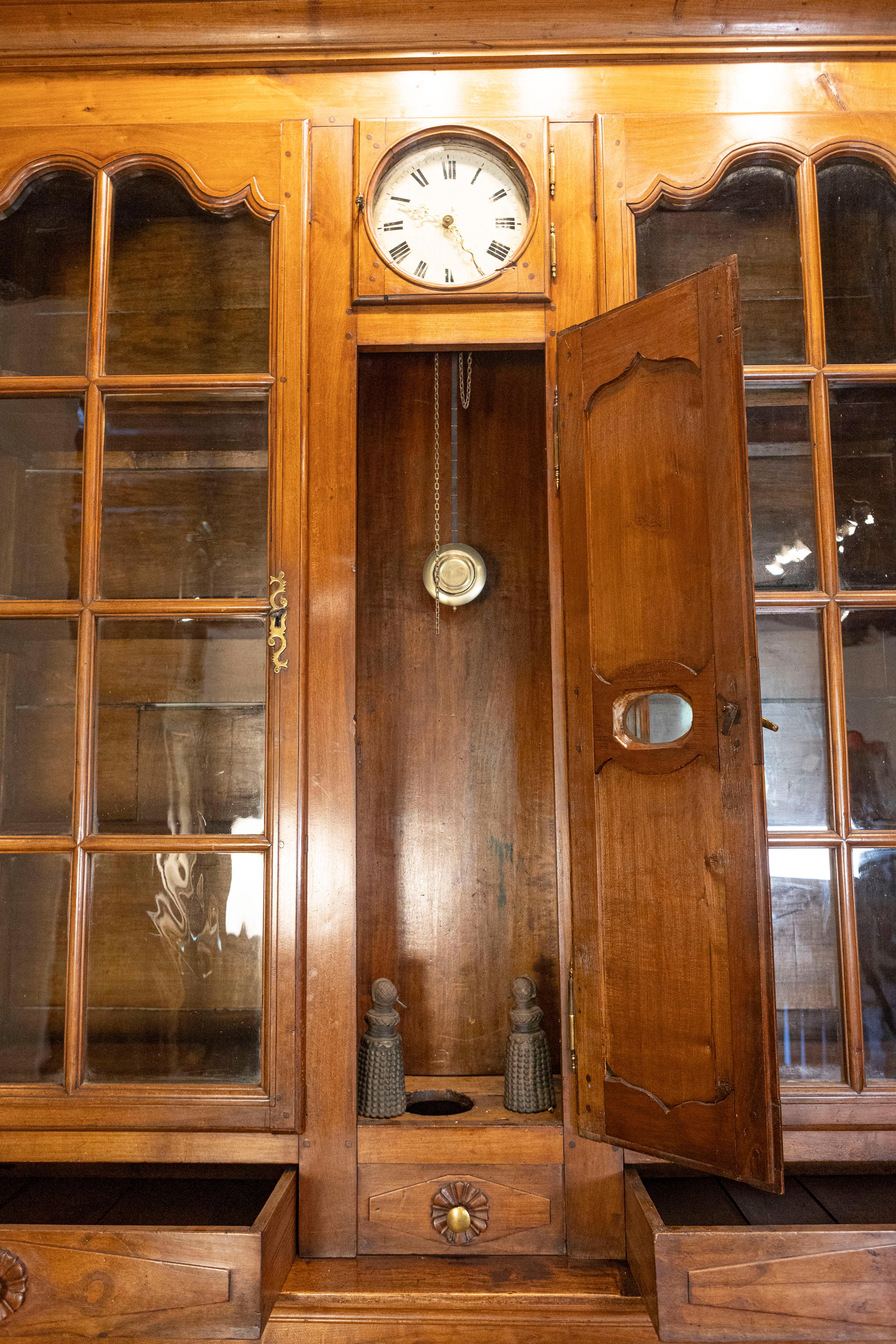 French 1800s Cherry Buffet à Deux-Corps with Glass Doors, Clock and Drawers 7