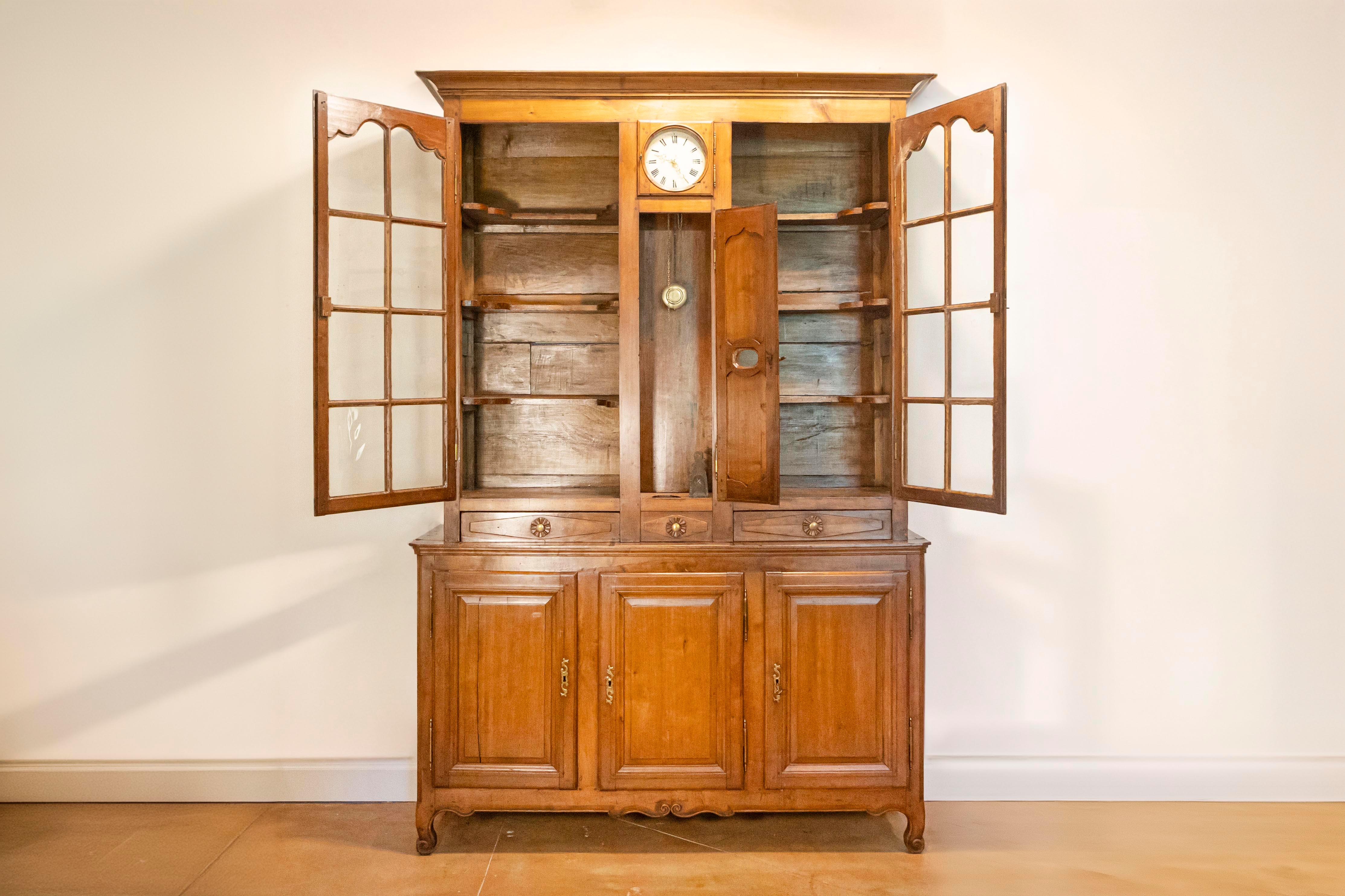 Louis XV French 1800s Cherry Buffet à Deux-Corps with Glass Doors, Clock and Drawers
