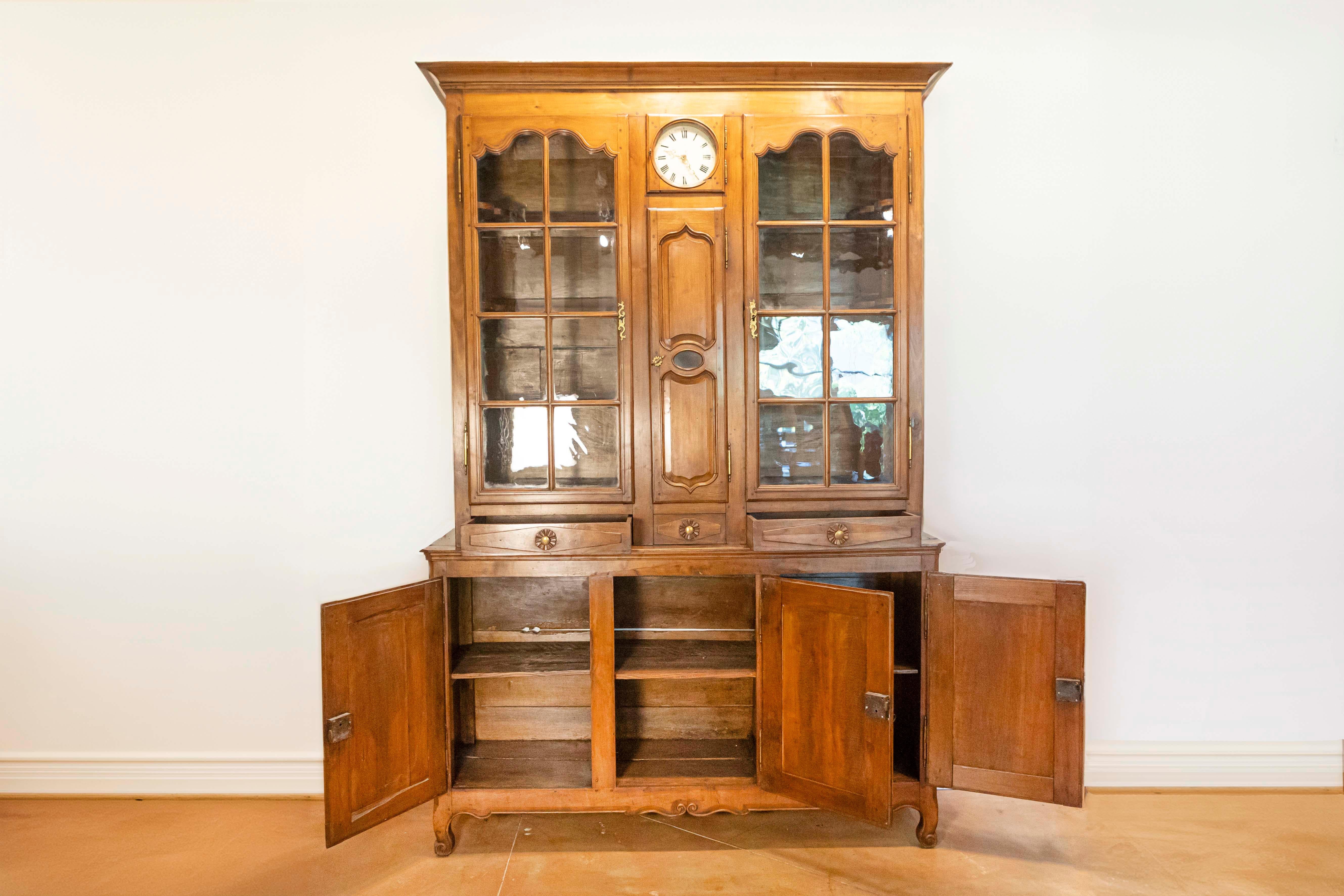 French 1800s Cherry Buffet à Deux-Corps with Glass Doors, Clock and Drawers In Good Condition In Atlanta, GA