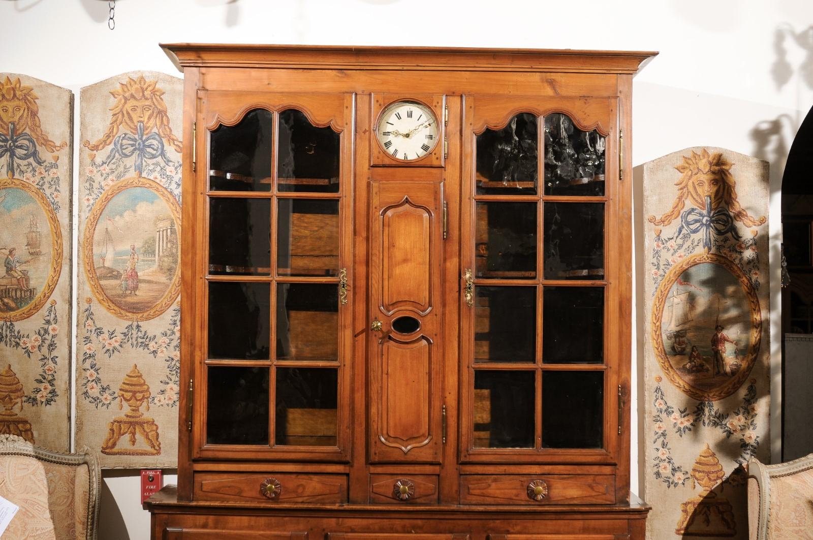 19th Century French 1800s Cherry Buffet à Deux-Corps with Glass Doors, Clock and Drawers For Sale