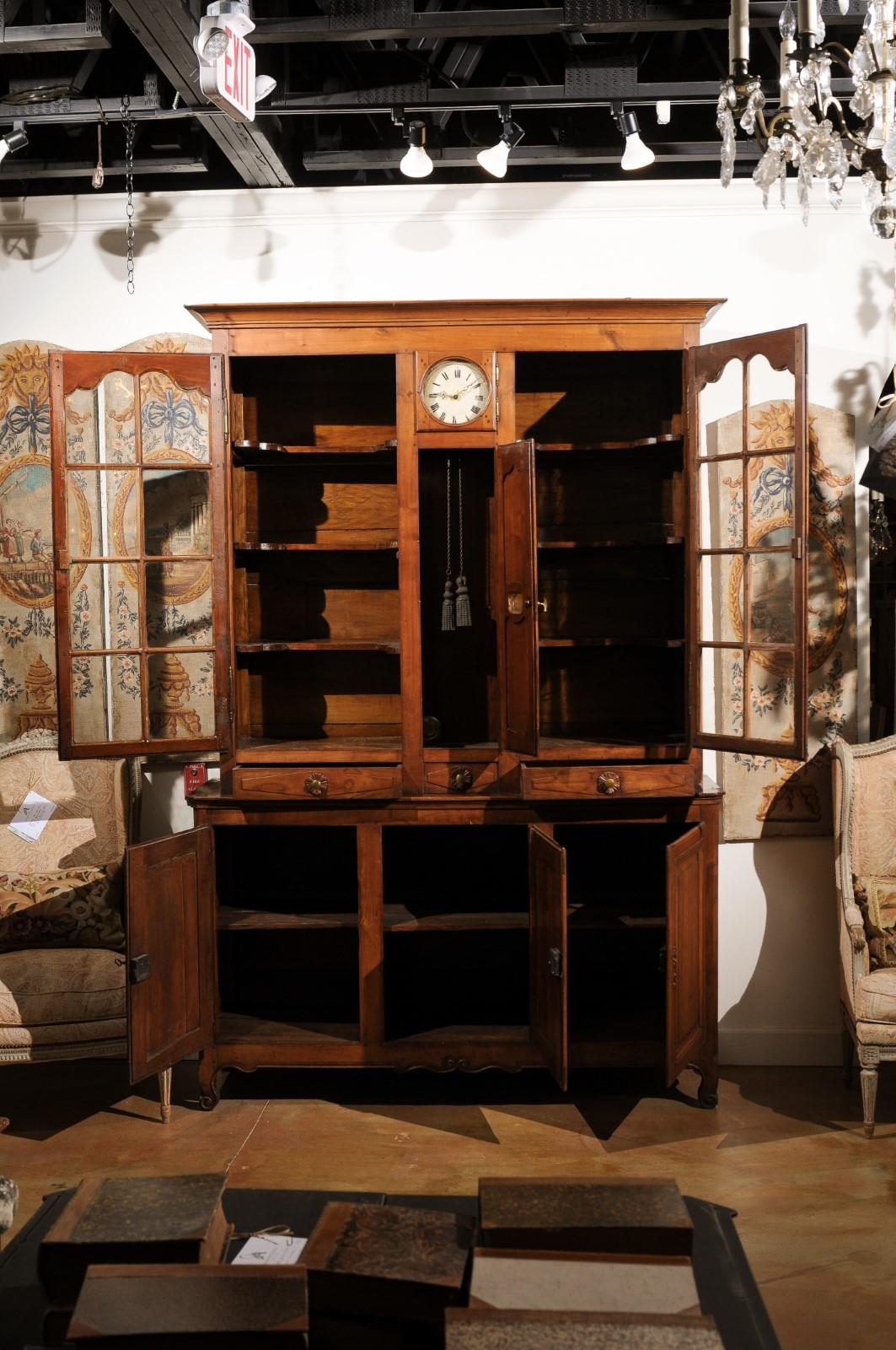 French 1800s Cherry Buffet à Deux-Corps with Glass Doors, Clock and Drawers For Sale 1