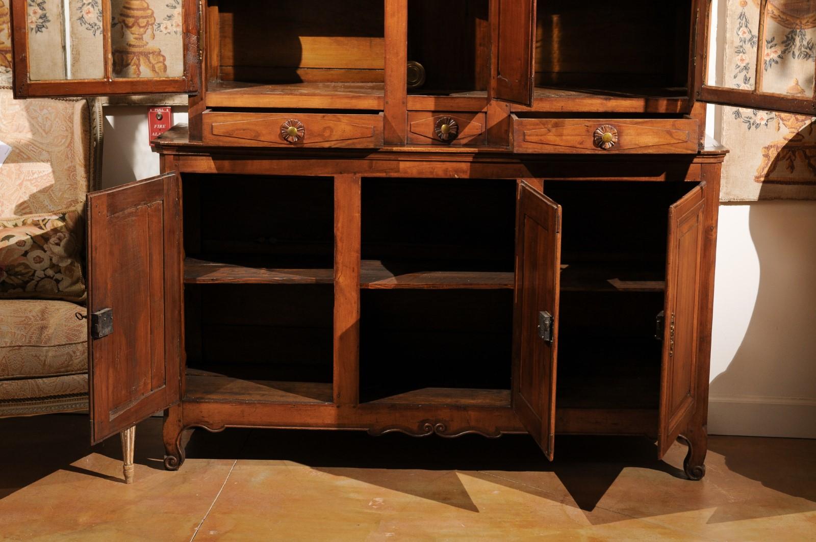 French 1800s Cherry Buffet à Deux-Corps with Glass Doors, Clock and Drawers For Sale 3