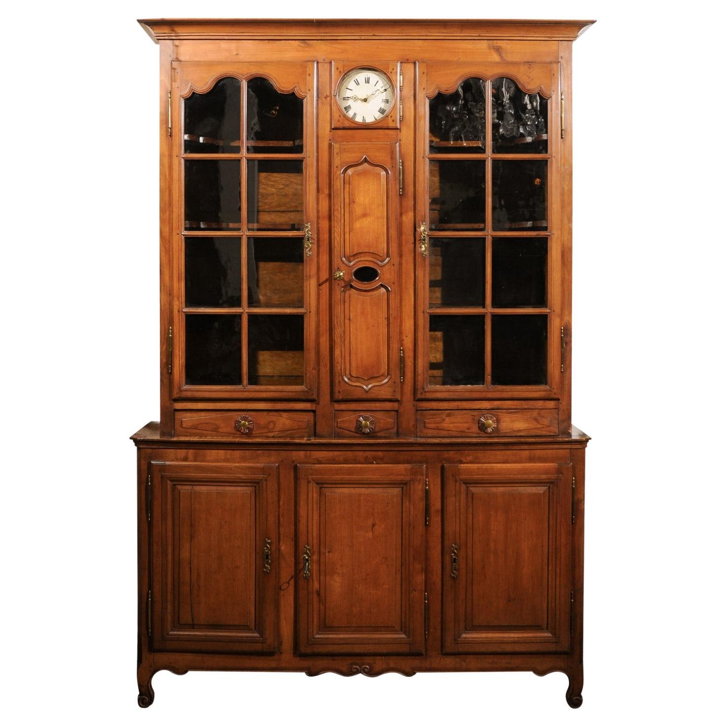 French 1800s Cherry Buffet à Deux-Corps with Glass Doors, Clock and Drawers For Sale