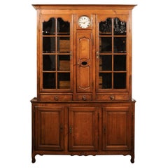 French 1800s Cherry Buffet à Deux-Corps with Glass Doors, Clock and Drawers