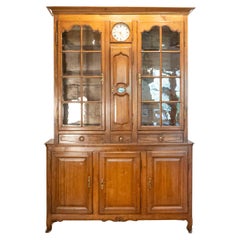 Antique French 1800s Cherry Buffet à Deux-Corps with Glass Doors, Clock and Drawers