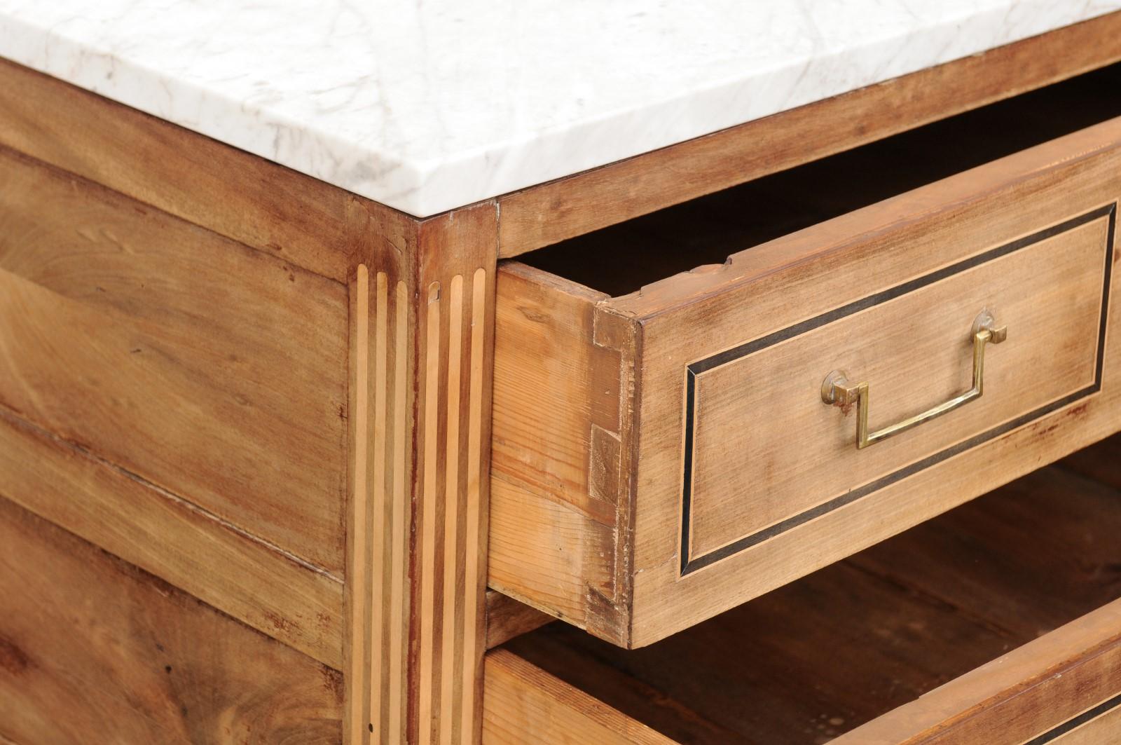 French 1800s Directoire Three-Drawer Walnut Commode with White Veined Marble Top 4