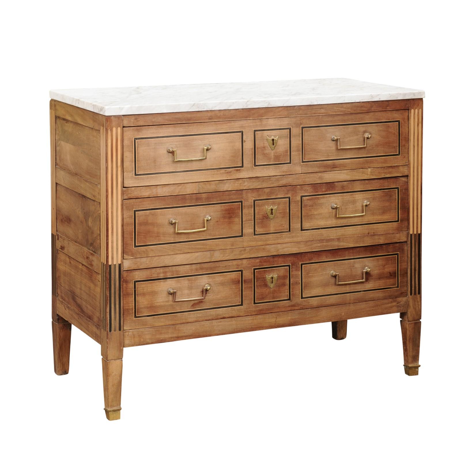 French 1800s Directoire Three-Drawer Walnut Commode with White Veined Marble Top