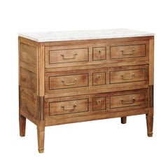 French 1800s Directoire Three-Drawer Walnut Commode with White Veined Marble Top