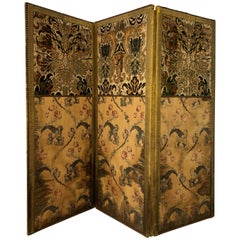 Antique French 1800s Divider in 3 Panels 1 Side Gold, 1 Side Silk and Velvet Gold Trim