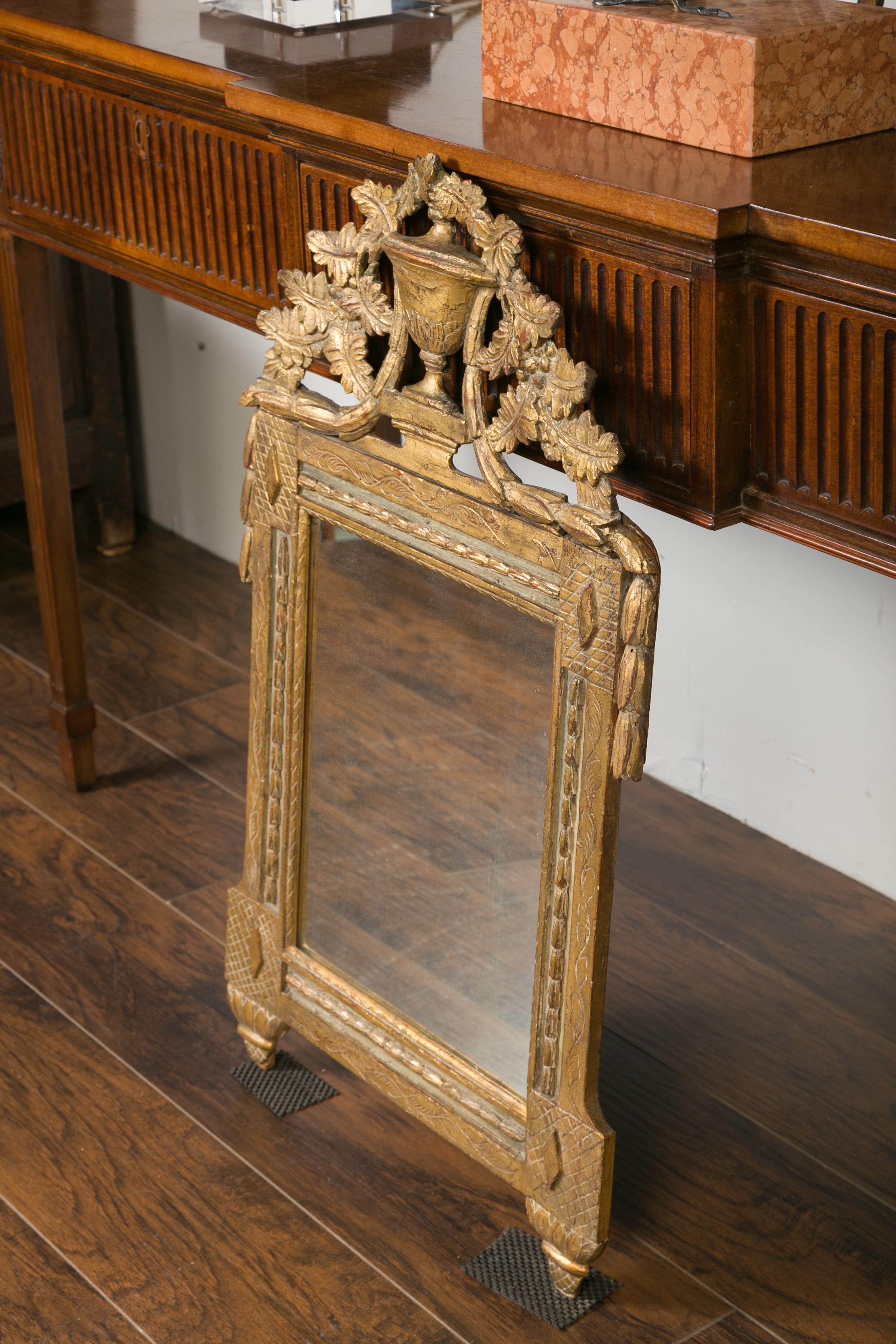 French 1800s Giltwood Crested Mirror with Carved Foliage, Urn and Garland In Good Condition For Sale In Atlanta, GA