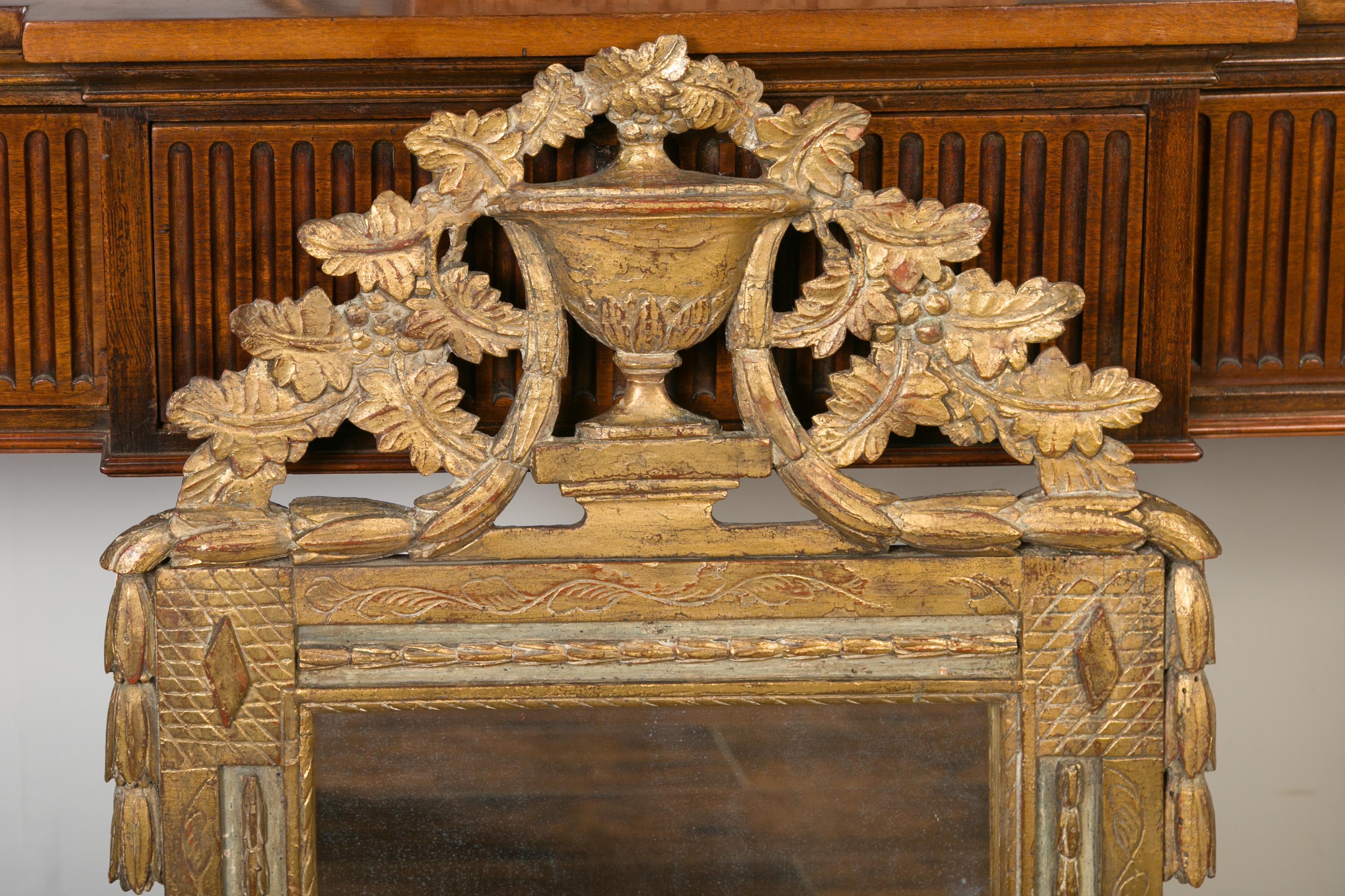 19th Century French 1800s Giltwood Crested Mirror with Carved Foliage, Urn and Garland For Sale