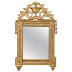 French 1800s Giltwood Crested Mirror with Carved Foliage, Urn and Garland