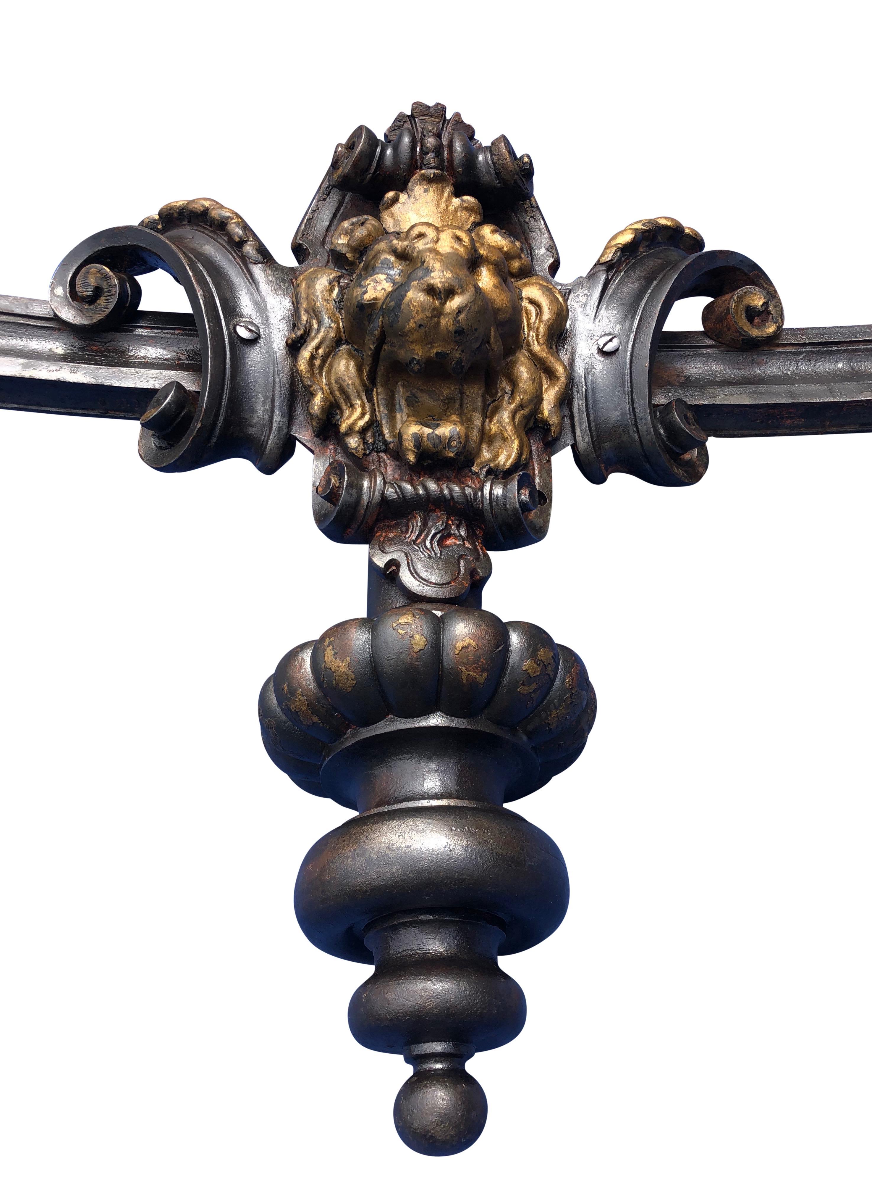 French 1800s Iron and Brass Lions Head Light with Scroll and Finial Designs For Sale 7