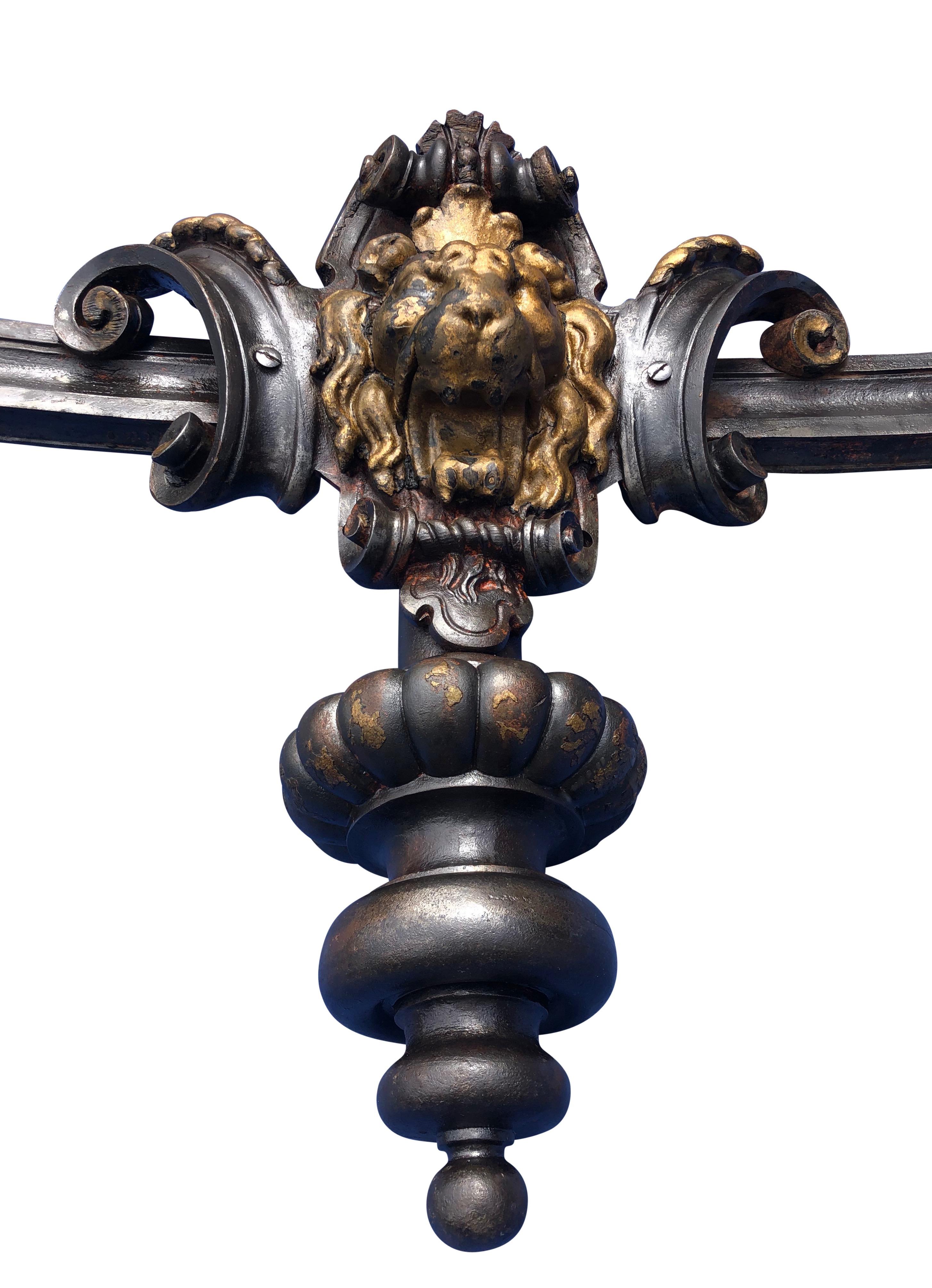 French 1800s Iron and Brass Lions Head Light with Scroll and Finial Designs For Sale 2