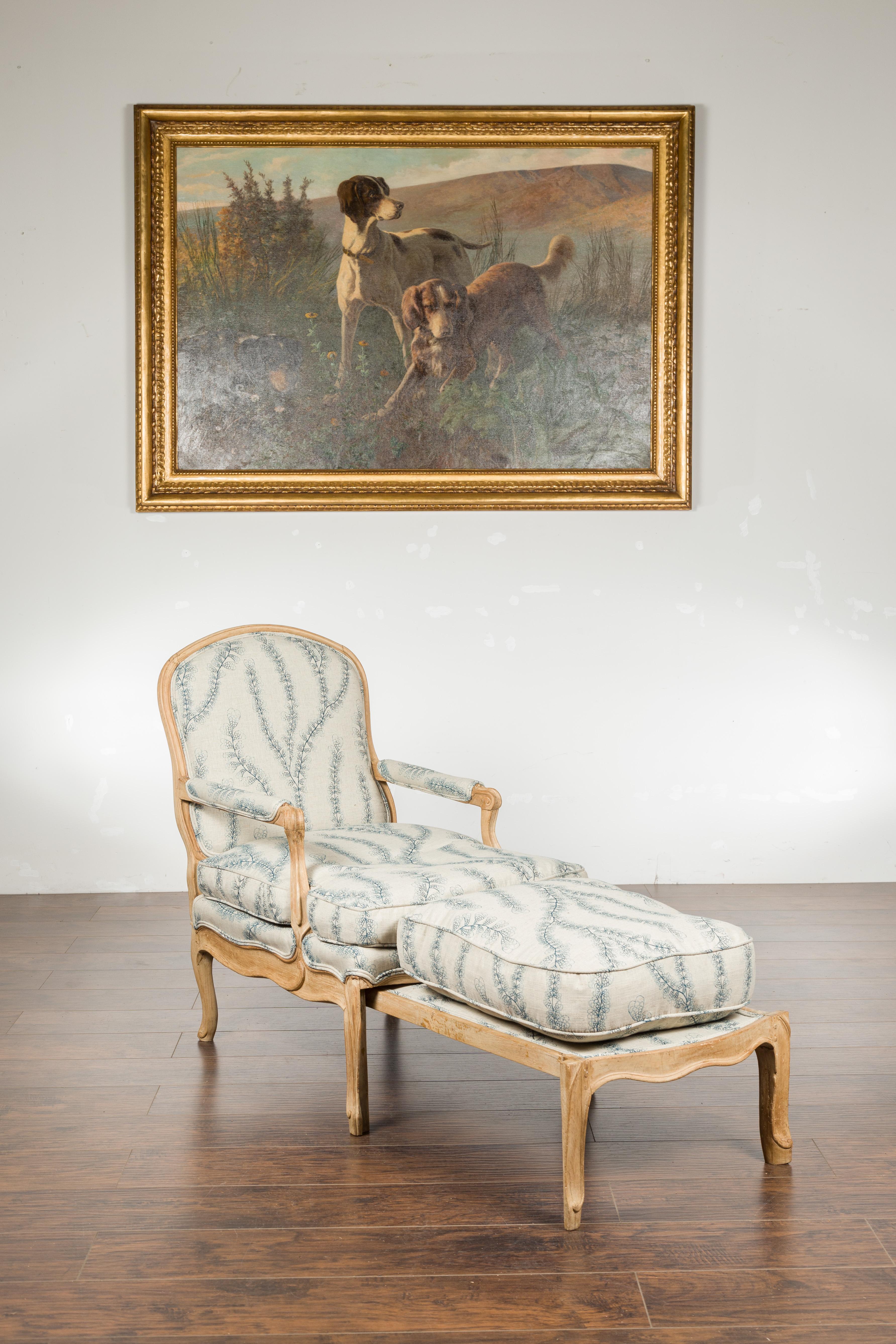 19th Century French 1800s Louis XV Style Oak Lounge Chair with Natural Patina and Upholstery
