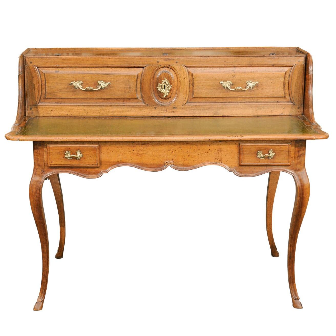 French 1800s Louis XV Style Walnut Desk with Green Leather and Lifting Panel For Sale