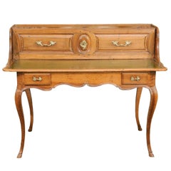 French 1800s Louis XV Style Walnut Desk with Green Leather and Lifting Panel
