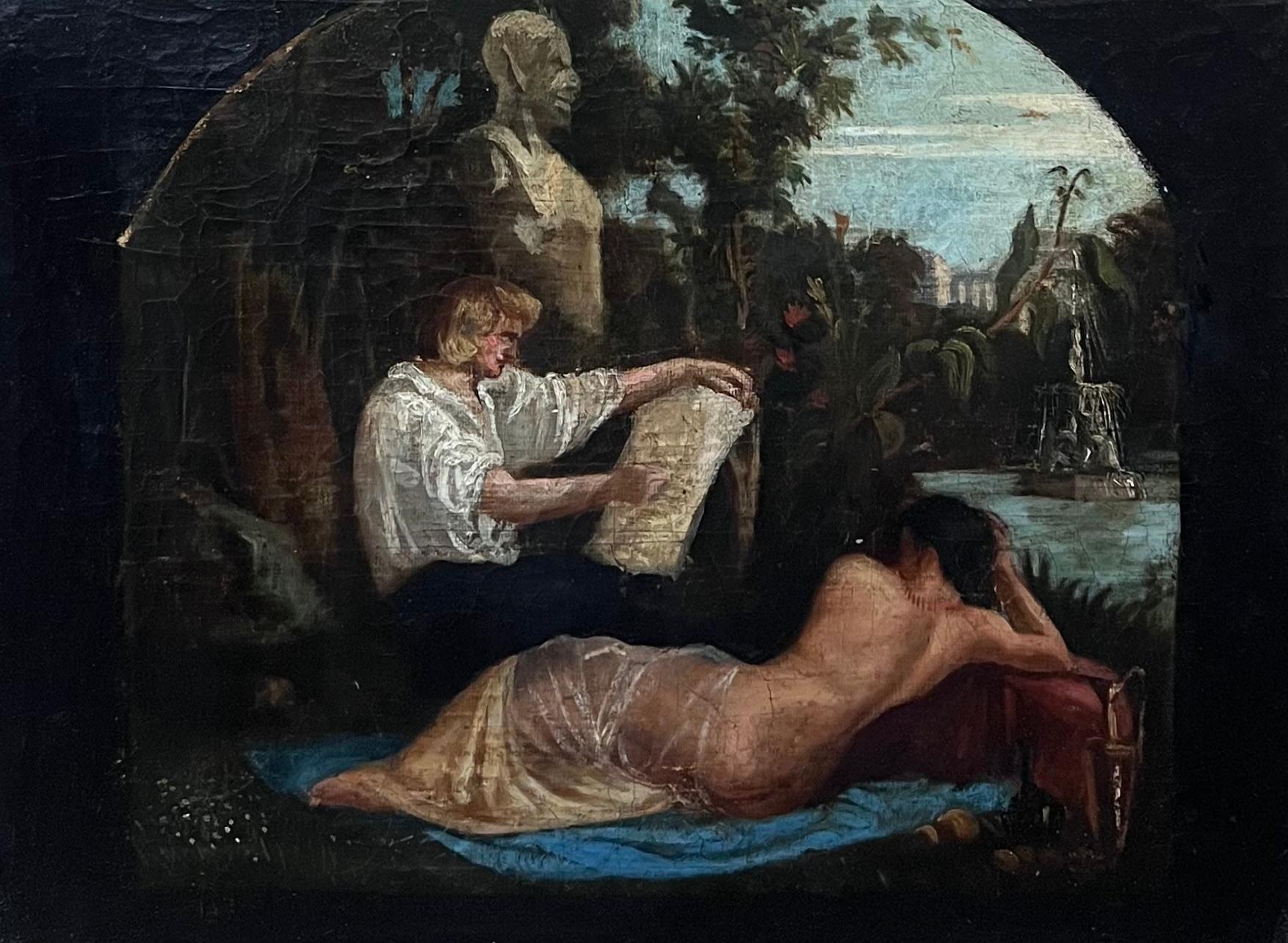c. 1800 Artista francese ad olio che disegna una modella nuda in un paesaggio classico - Painting di French 1800's