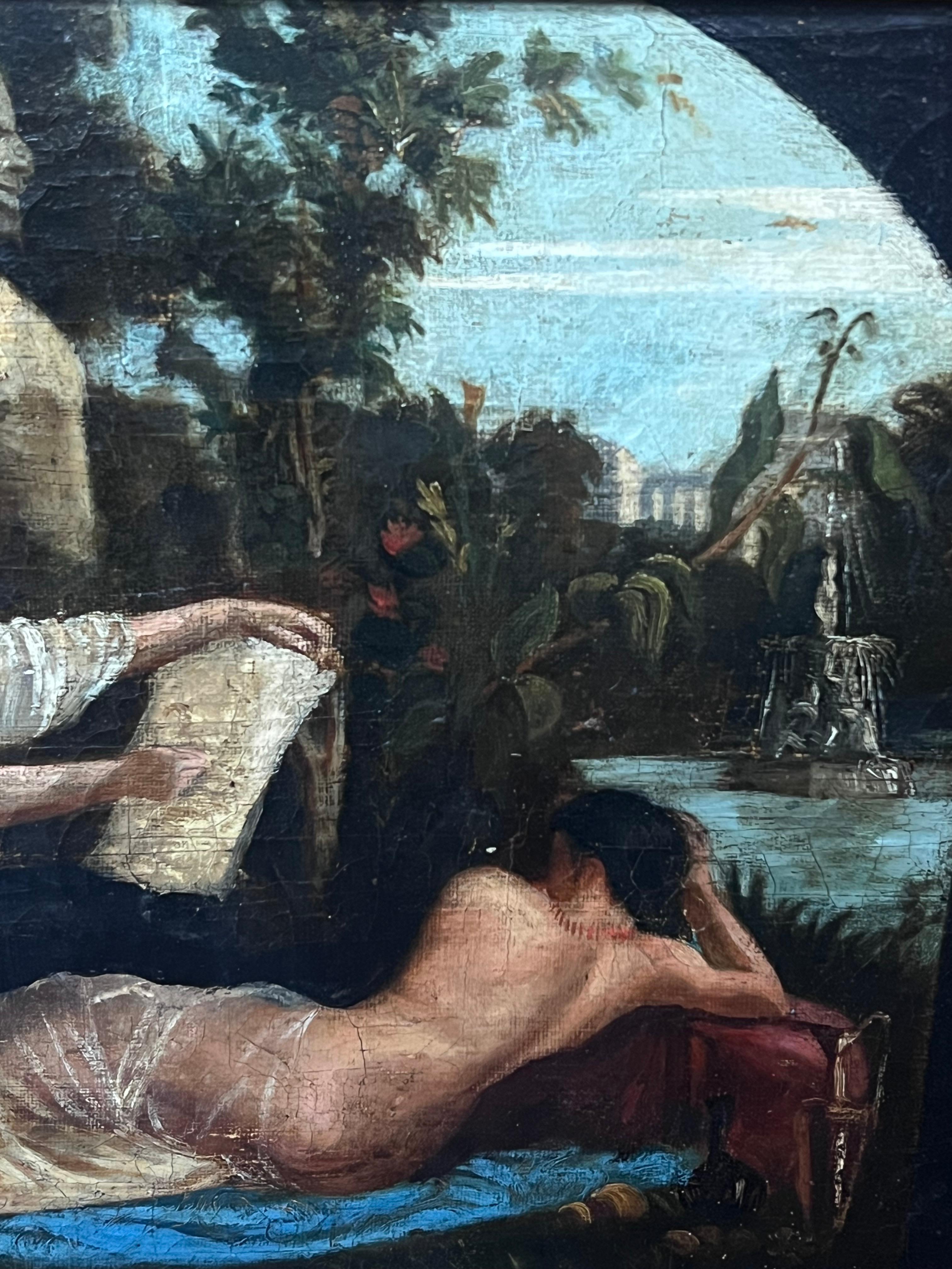 c. 1800 Artista francese ad olio che disegna una modella nuda in un paesaggio classico - Painting Scuola francese di French 1800's