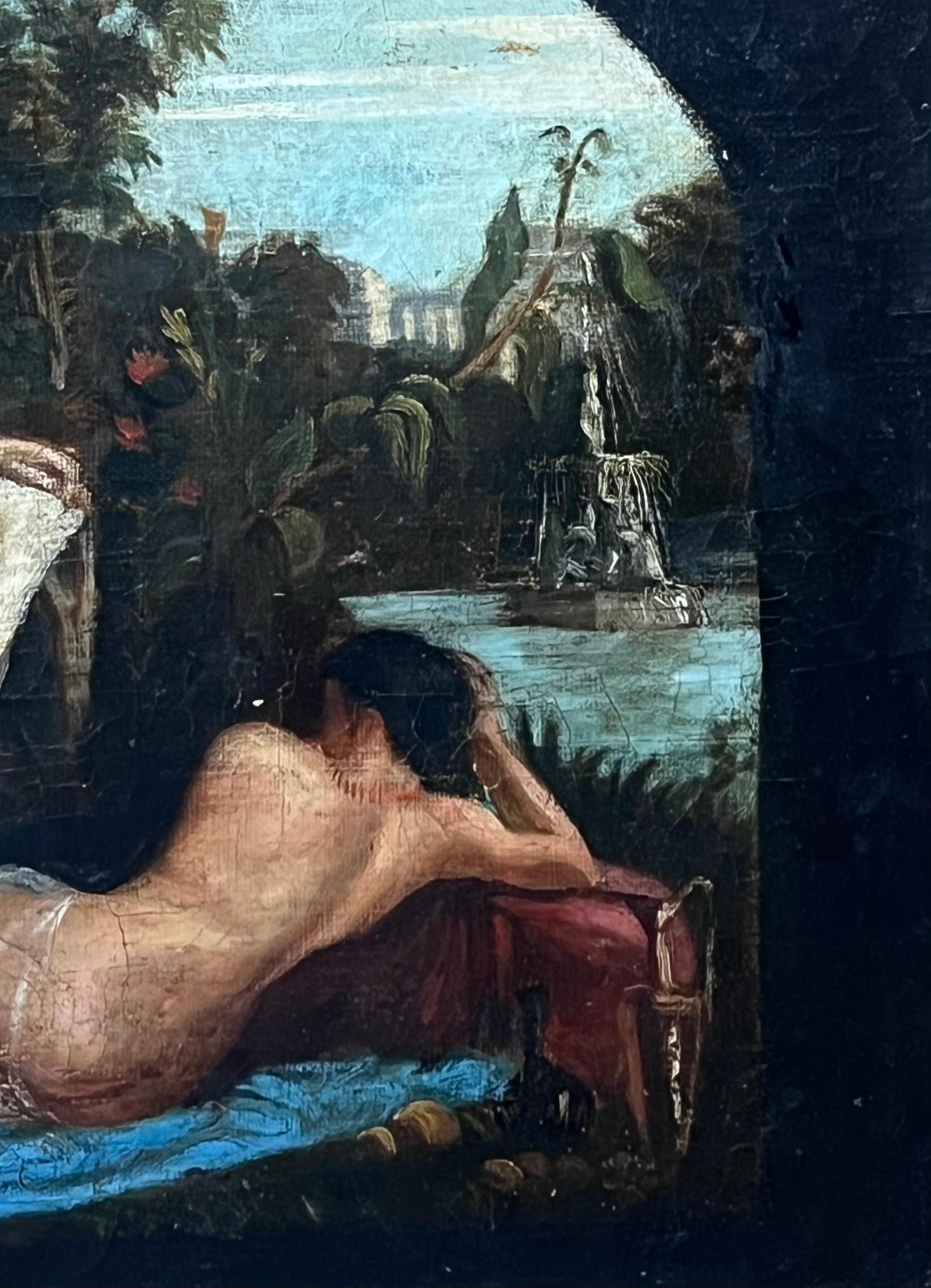 c. 1800 Artista francese ad olio che disegna una modella nuda in un paesaggio classico - Landscape Painting Nero di French 1800's