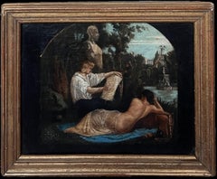 Antique c. 1800's French Oil Artist Sketching Nude Model Classical Landscape Gardens