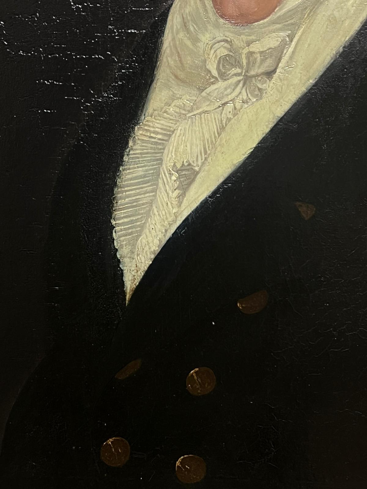Ritratto di gentiluomo in cornice dorata antica, olio di grandi dimensioni, primi anni del 1800. - Portrait Painting Nero di French 1800's