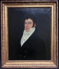 Portrait d'un gentilhomme dans un cadre doré ancien, début 1800, grande huile d'olive
