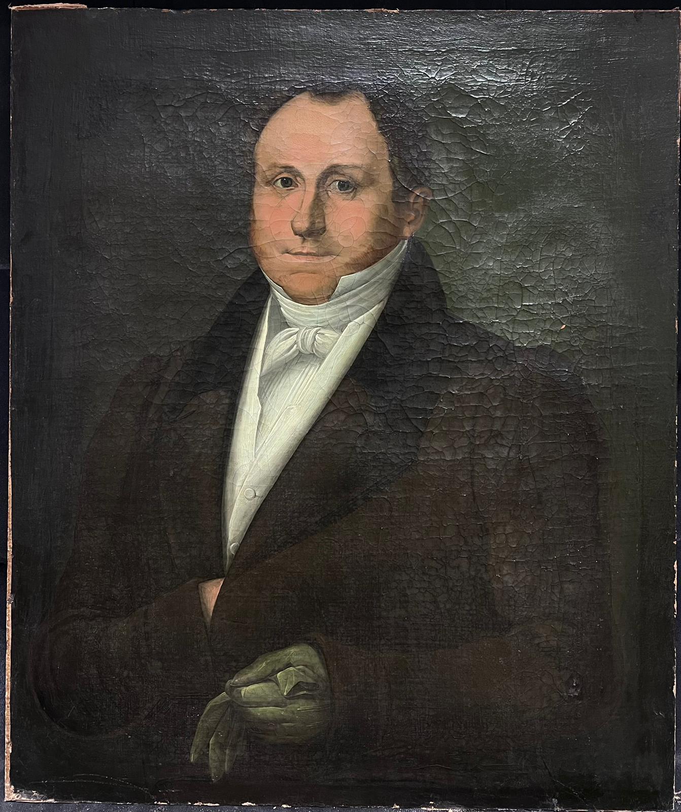 Large 1800's French Empire Period Portrait of Gentleman with Silk Gloves - Painting by French 1800's