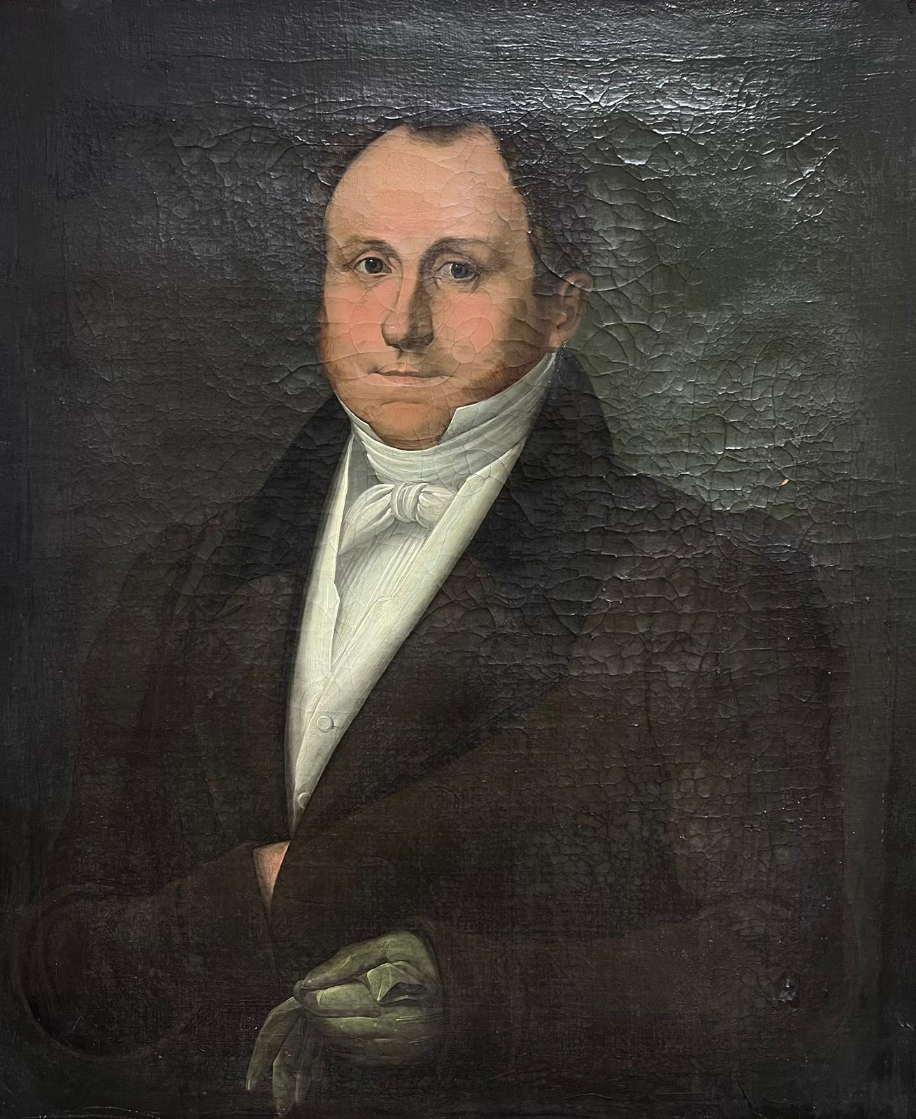 Grand portrait de gentleman avec gants de soie d'époque Empire français des années 1800