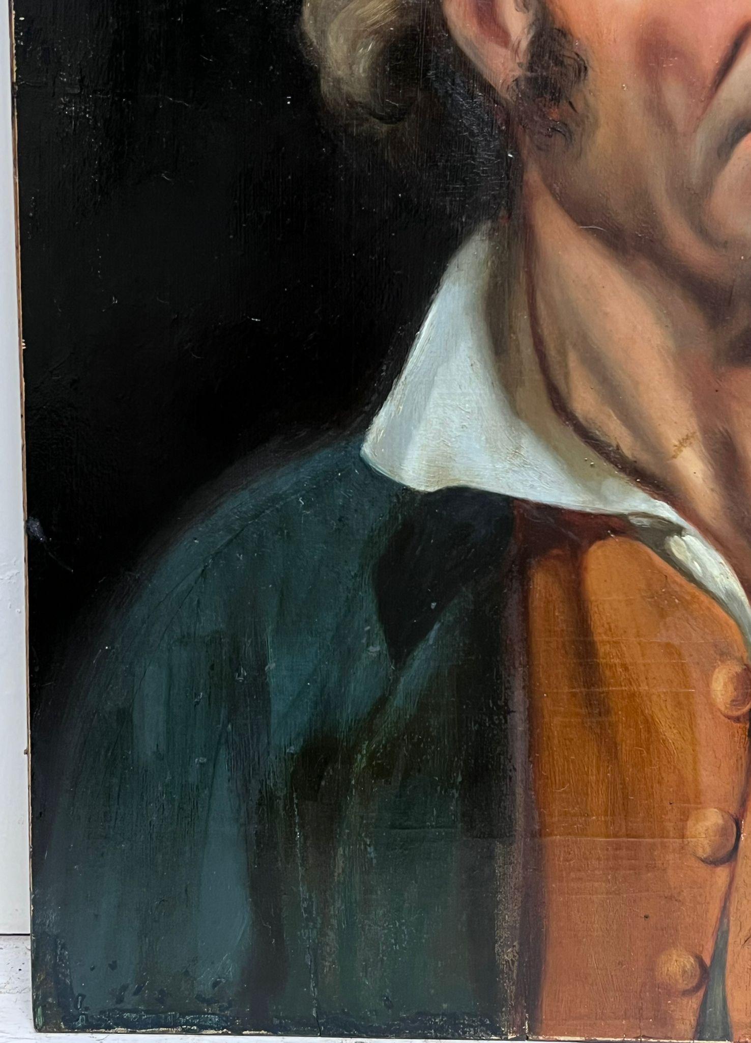 Gran óleo francés del siglo XIX sobre panel de madera Retrato de un hombre vestido de forma ruda - Painting de French 1800's