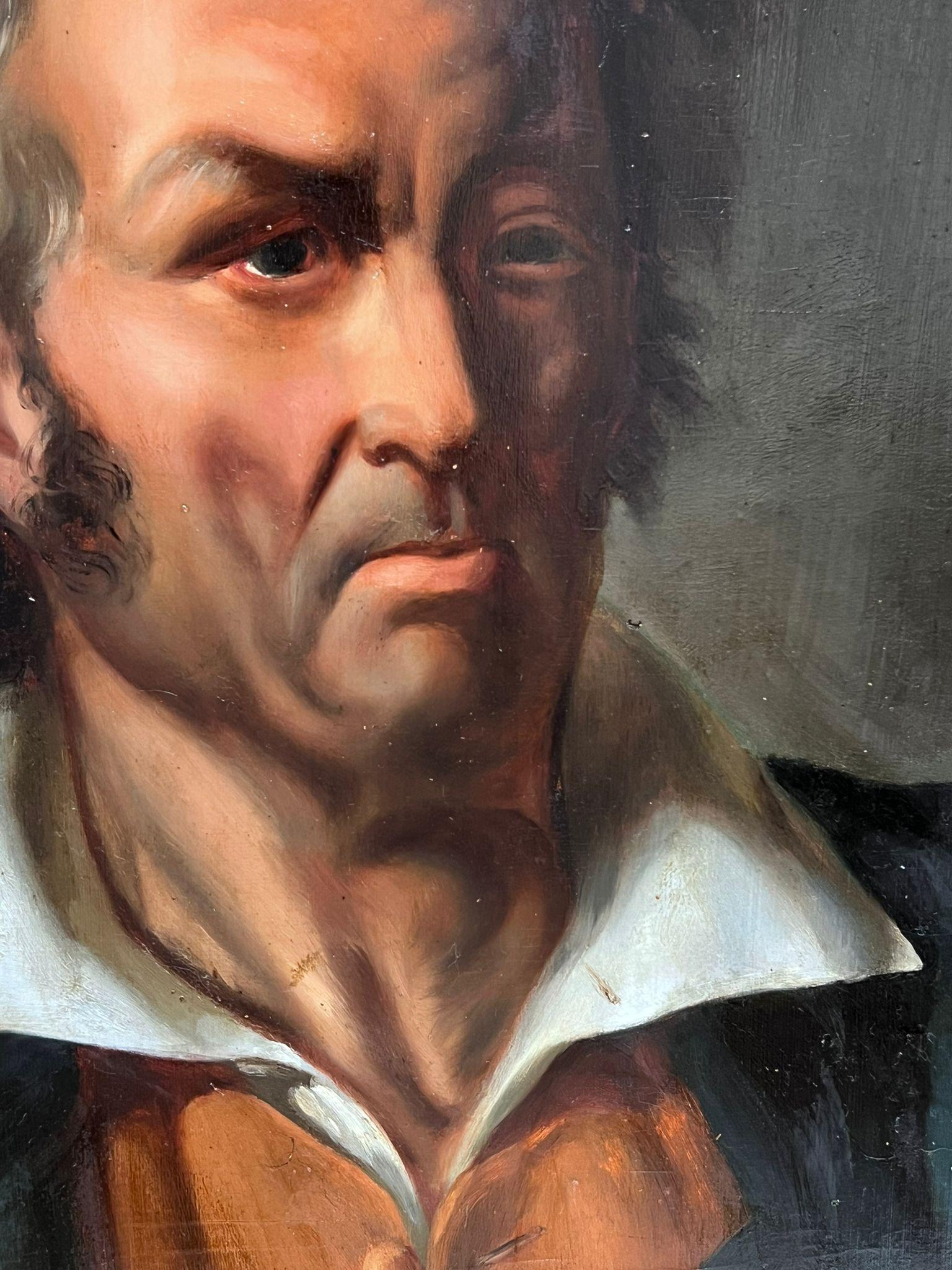 Gran óleo francés del siglo XIX sobre panel de madera Retrato de un hombre vestido de forma ruda - Portrait Painting Negro de French 1800's