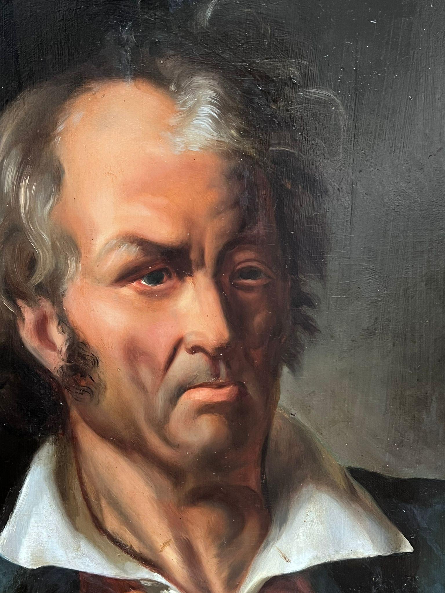 Gran óleo francés del siglo XIX sobre panel de madera Retrato de un hombre vestido de forma ruda en venta 1